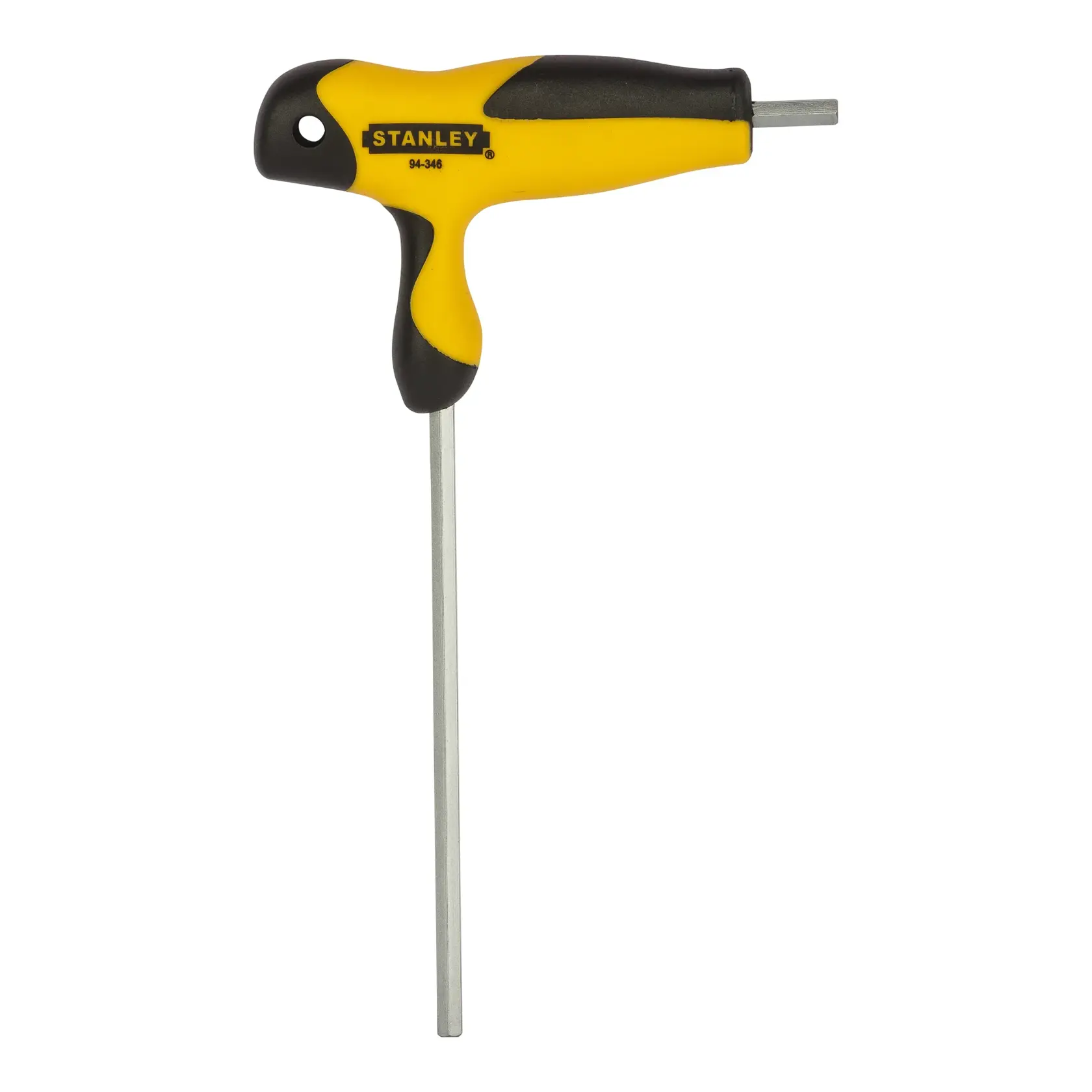 Stanley T-handle hex key with yellow and black grip, SKU 94-346, shown vertically on white background.