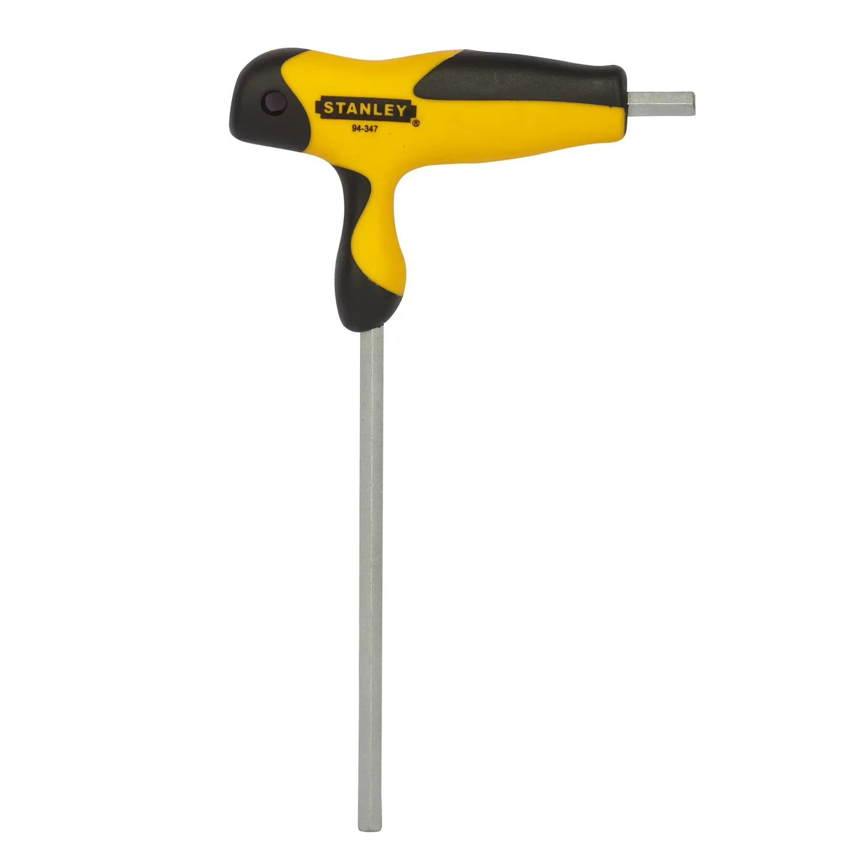 STANLEY 94-347 T-handle hex key with yellow and black handle, front angle on white background.