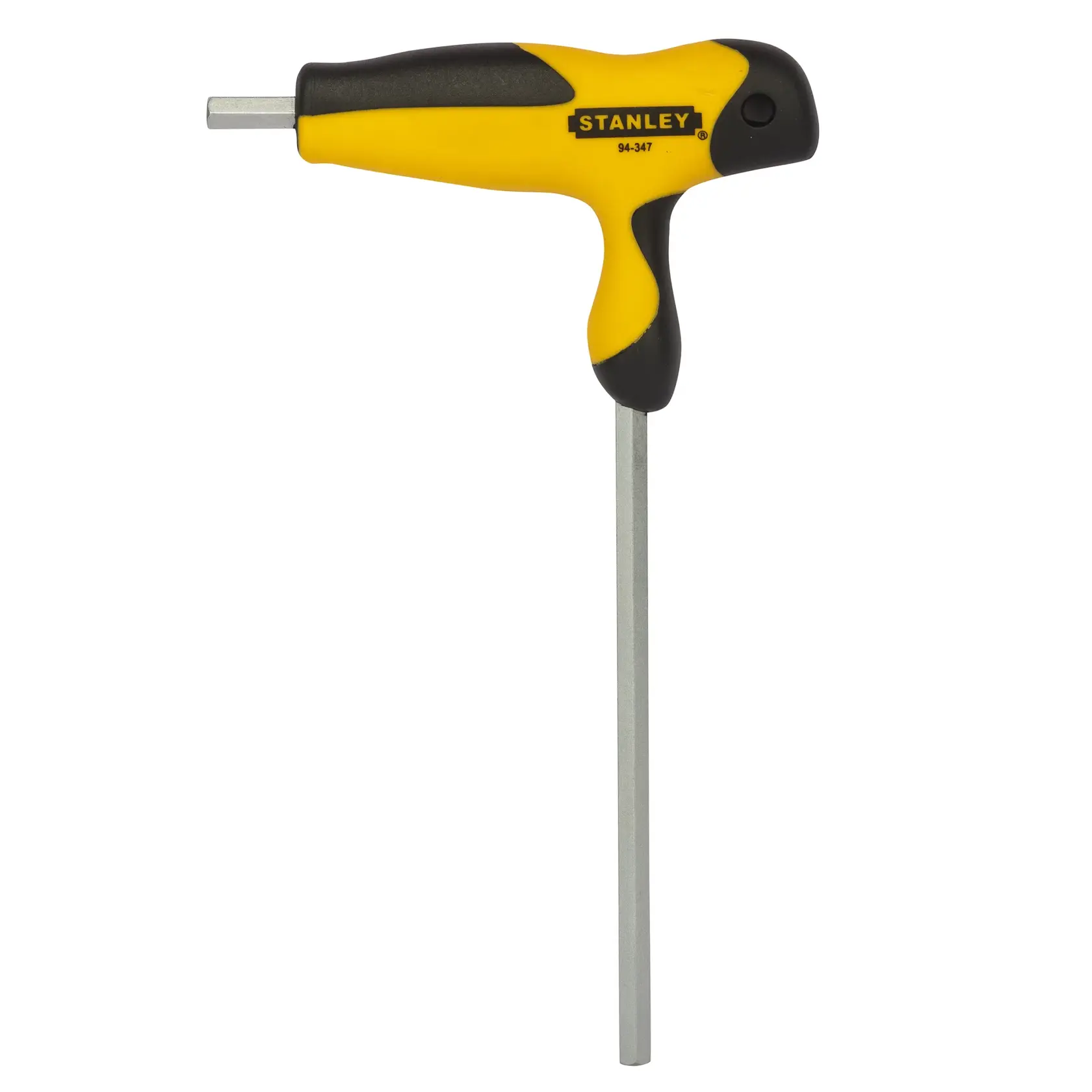 STANLEY 94-347 hex key with T-handle, yellow and black, front angle on white background, hand tool.