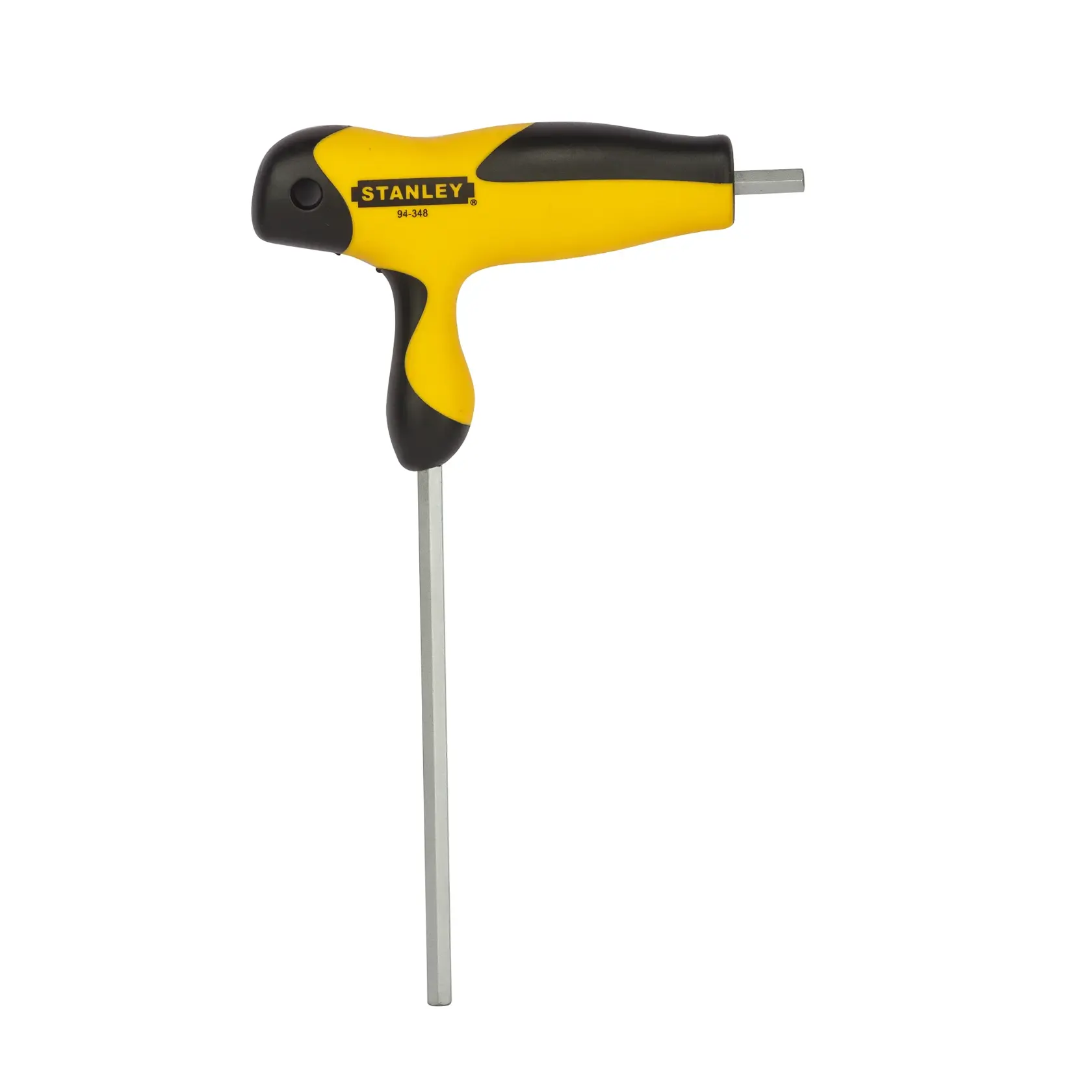 STANLEY 94-348 T-handle hex key with yellow and black grip, side angle on white background.