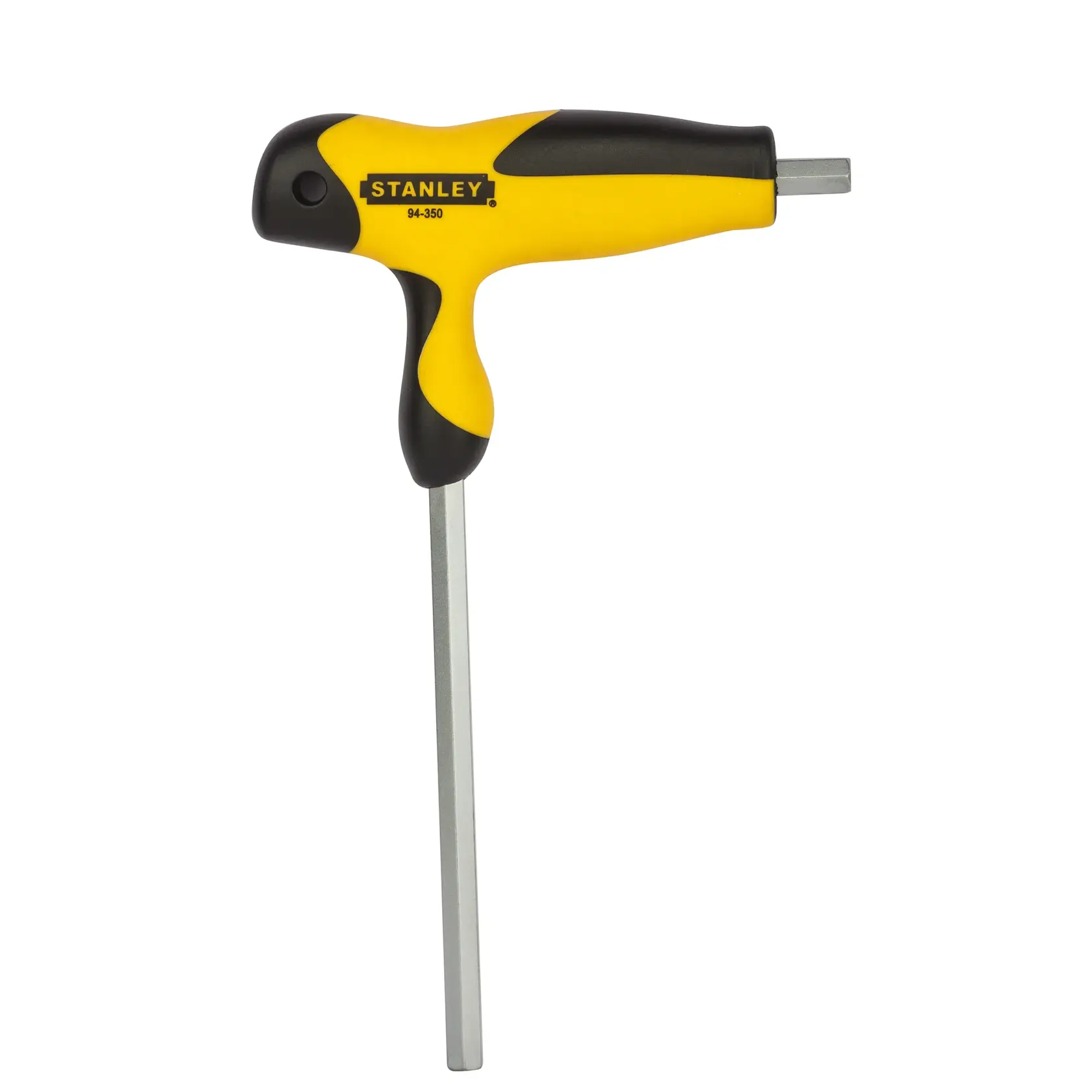 Photo of STANLEY 94-350 T-handle hex key with yellow and black grip, front angle on white background.