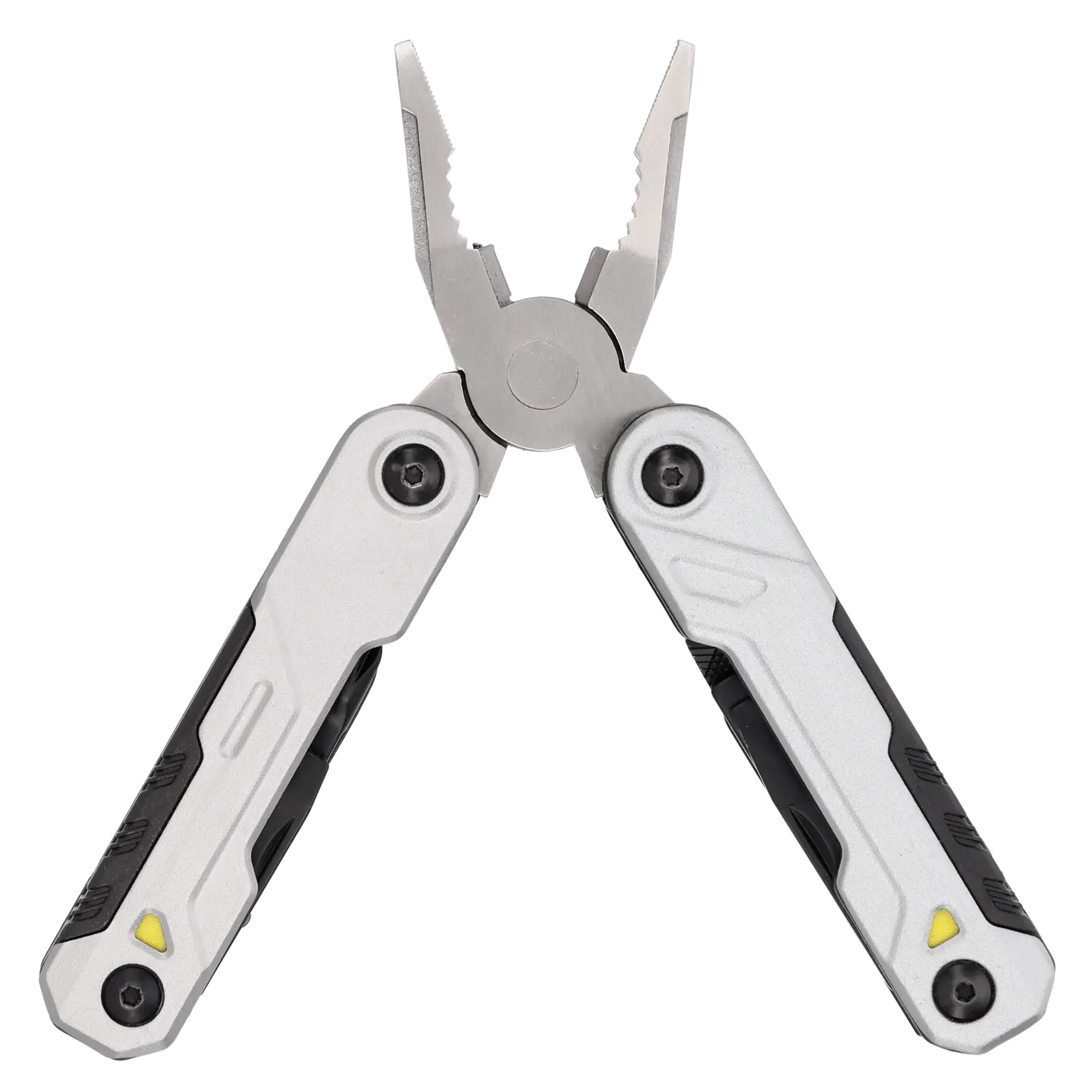 Silver and black multi-tool pliers with partially open handles and visible gripping teeth.