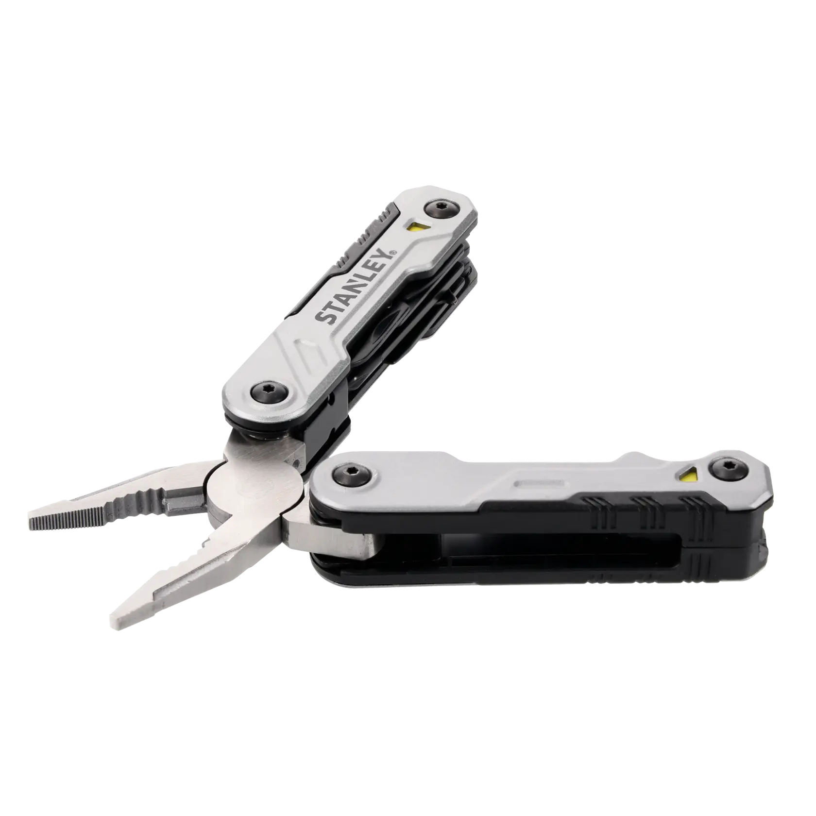 A STANLEY branded multi-tool with pliers extended, featuring a silver and black design with multiple integrated tools.