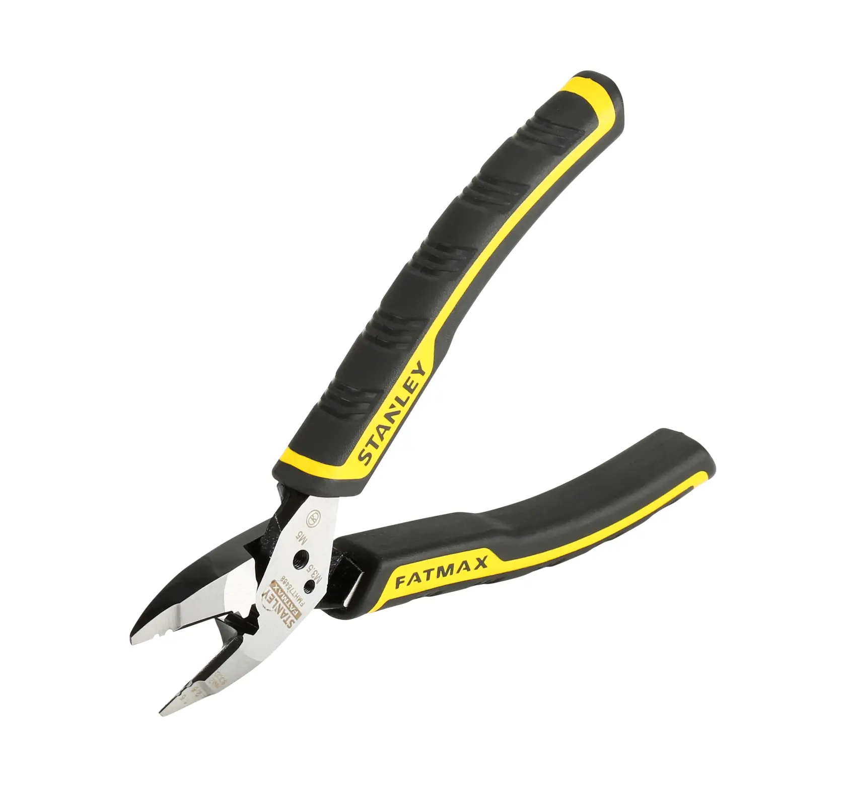 Stanley FatMax diagonal cutting pliers with black and yellow handles, angled jaws for cutting wires.