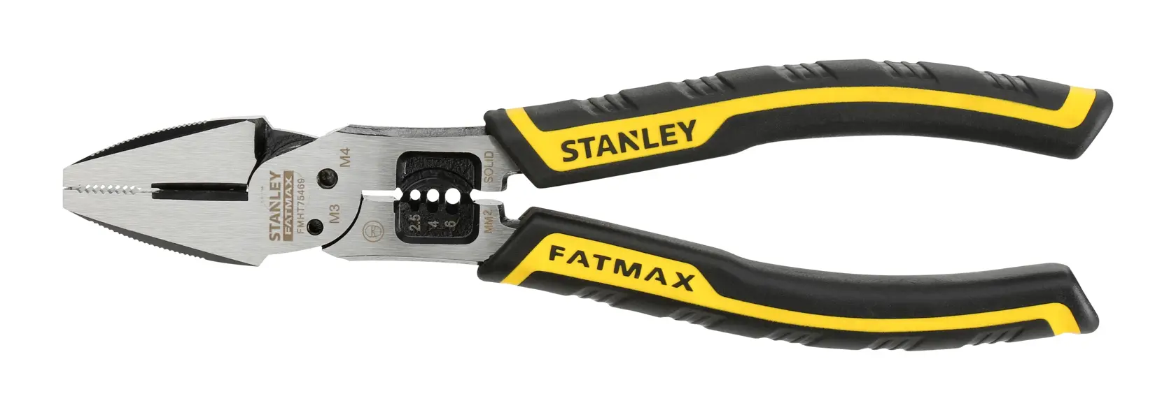 Stanley FatMax combination pliers with black and yellow ergonomic handles, suitable for gripping and cutting tasks.