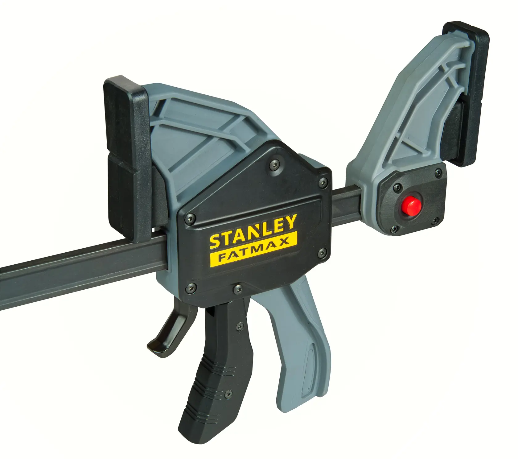 STANLEY FMHT0-83240 bar clamp with trigger handle, black and gray, product photography, side angle.