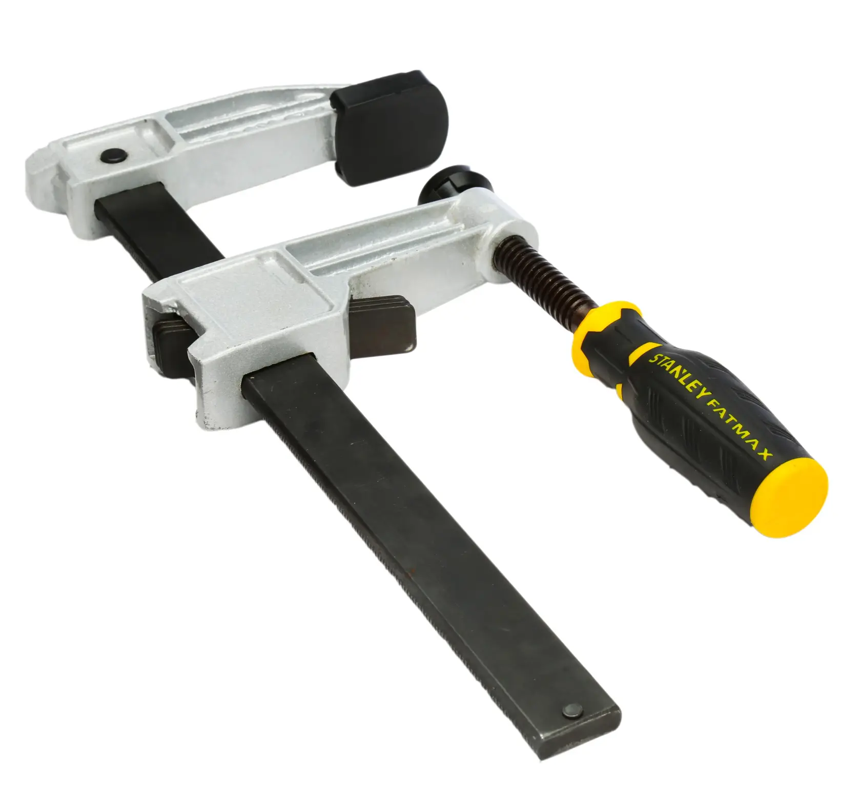 Stanley FATMAX bar clamp with metal frame and black-yellow handle for woodworking or crafts.