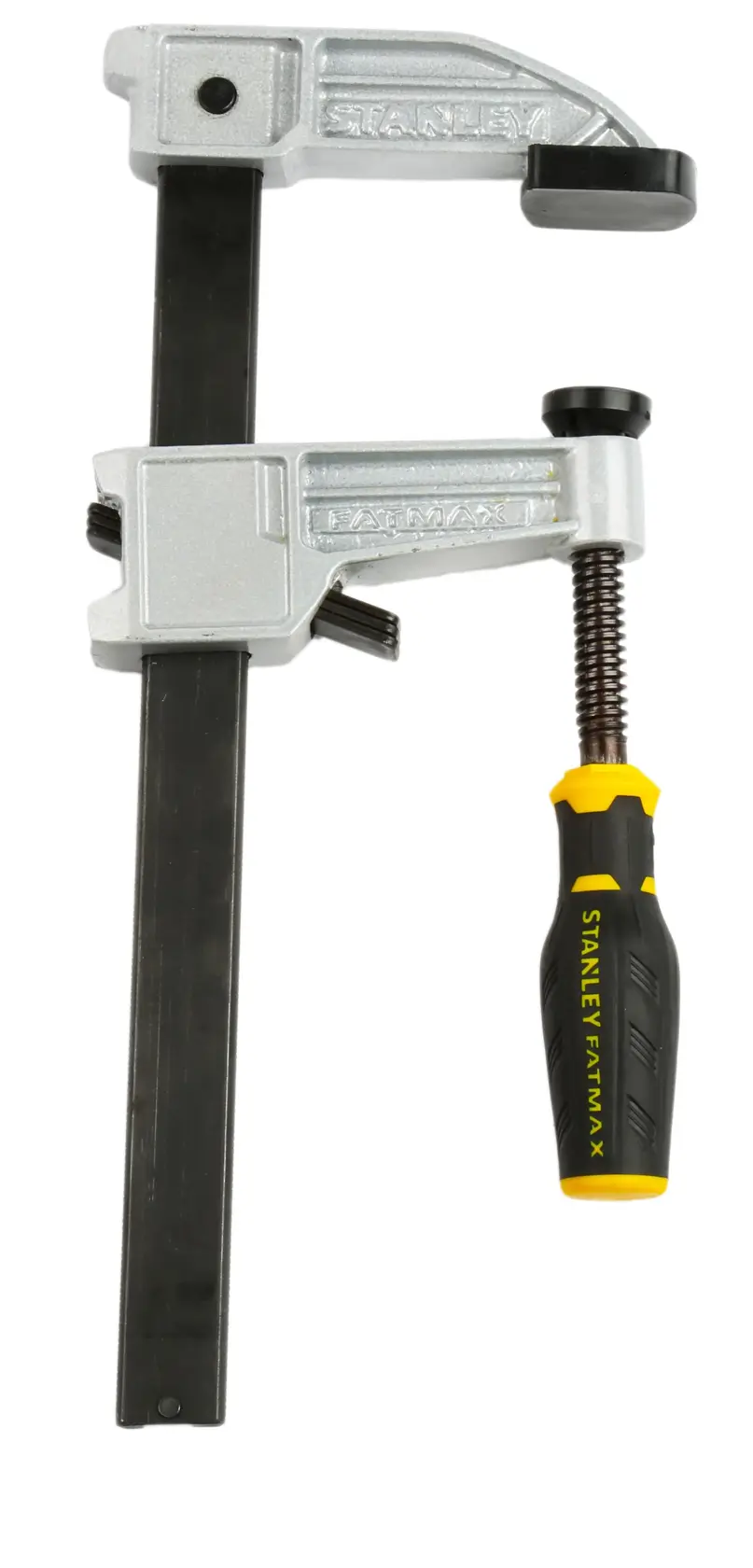 STANLEY FMHT0-83244 photography of metal bar clamp with black and yellow handle, front angle on white background.