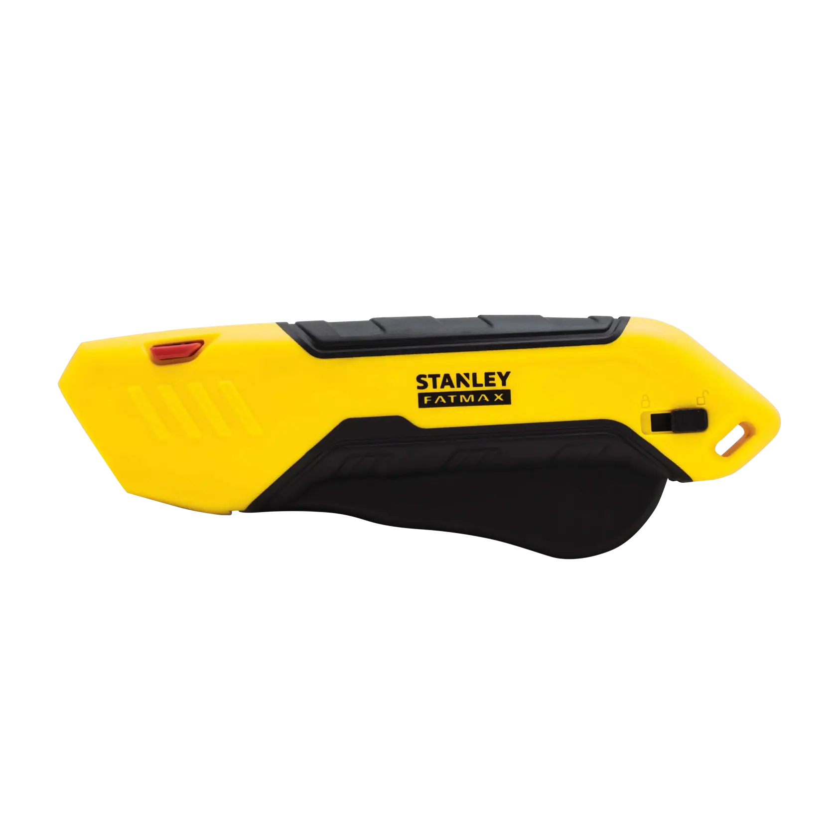 Side view of STANLEY FATMAX yellow and black utility knife on white background