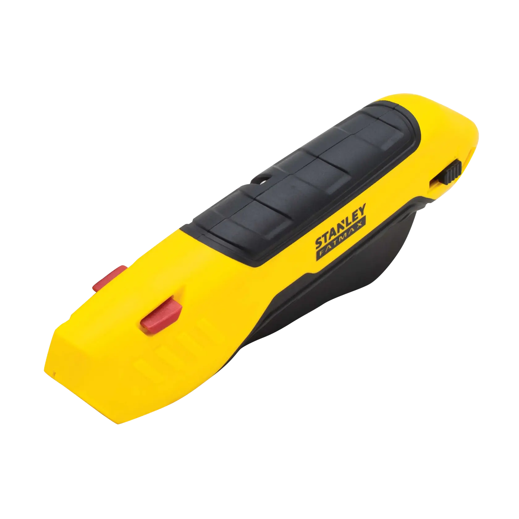 Stanley FATMAX yellow and black utility knife angled left on white background, ergonomic grip, red safety buttons.