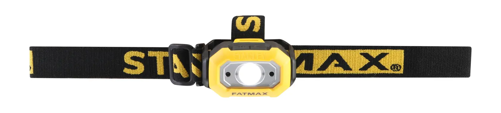 Yellow and black Stanley FatMax headlamp with adjustable strap, designed for hands-free illumination.