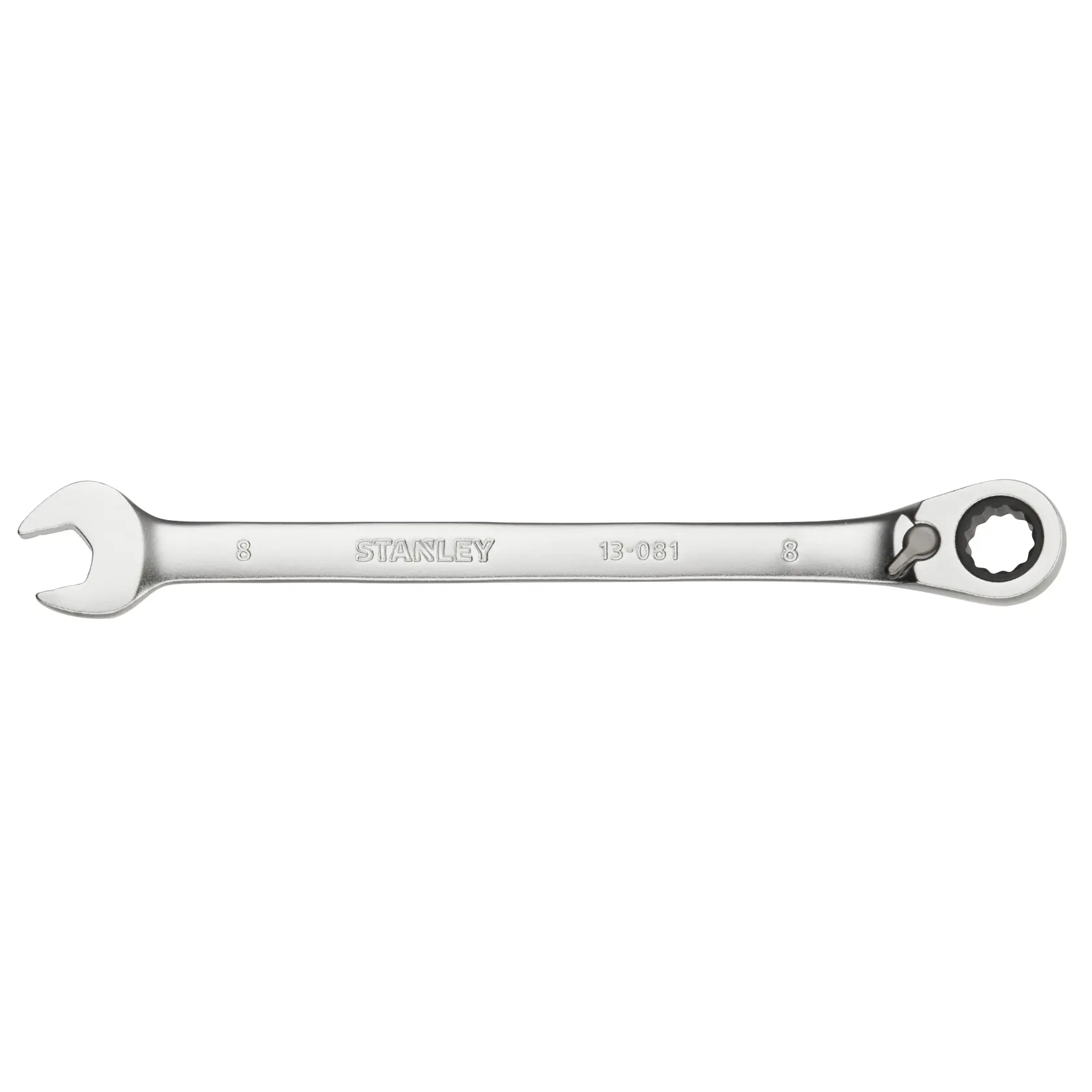 STANLEY FMMT13081-0 silver ratcheting combination wrench, front angle on white background.