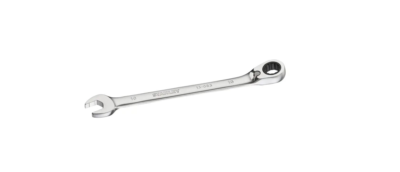 Stanley combination wrench with open and ratcheting ends, silver color, isolated on white background.