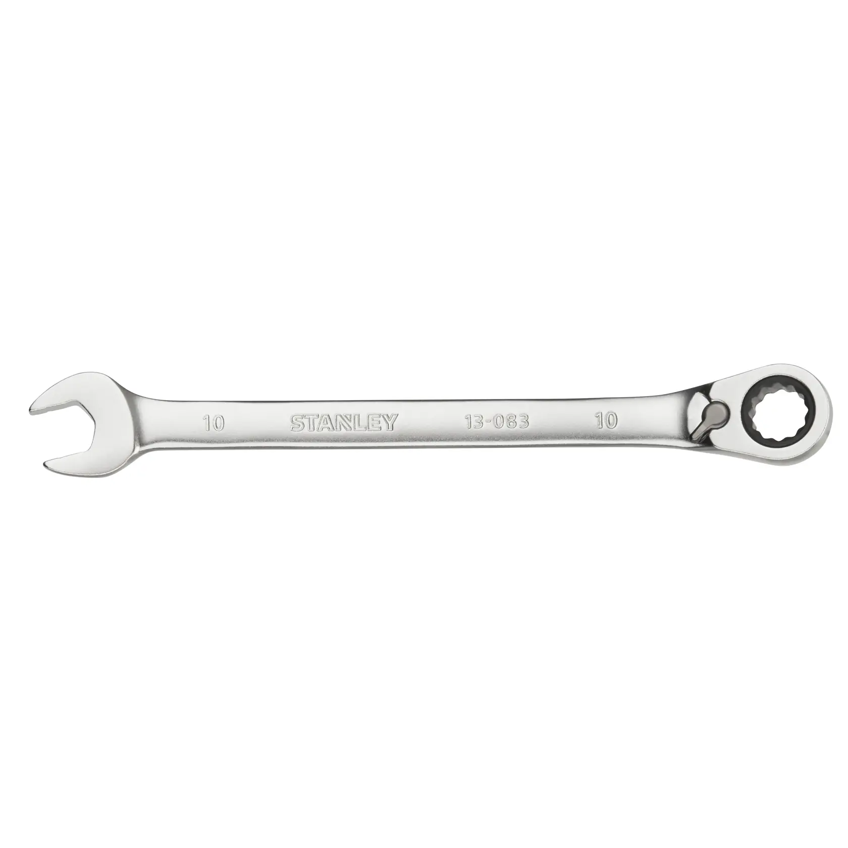 STANLEY FMMT13083-0 ratcheting combination wrench, silver, photography, side view on white background.