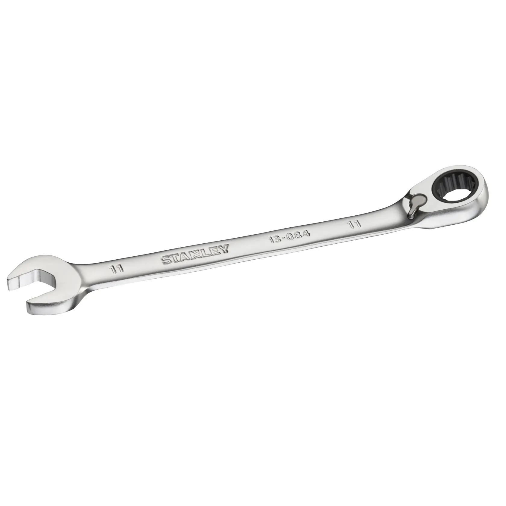 STANLEY FMMT13084-0 ratcheting combination wrench, photography, silver finish, side angle on white background.