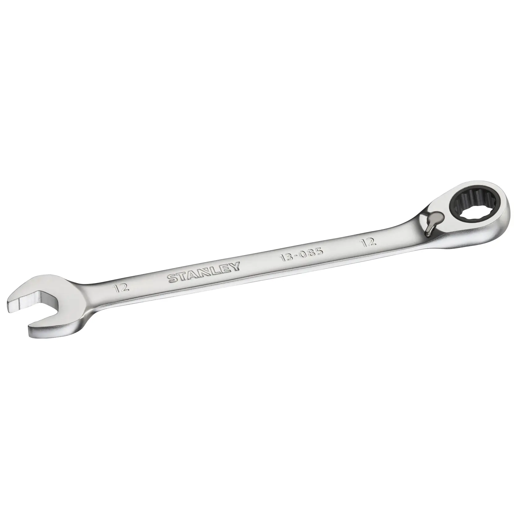 STANLEY FMMT13085-0 ratcheting combination wrench, silver metal, photo angled on white background.