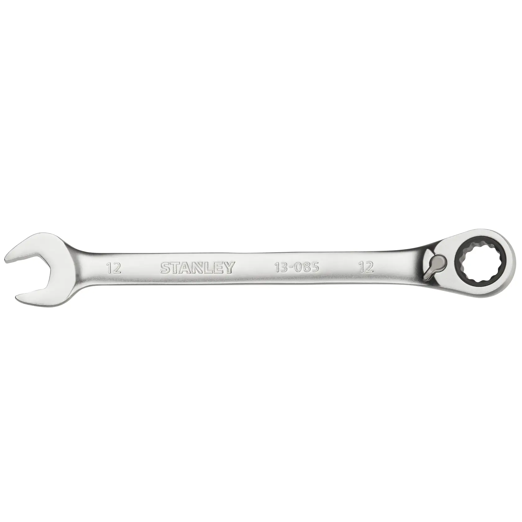 Photo of STANLEY FMMT13085-0 combination ratcheting wrench, silver finish, side view, hand tool.
