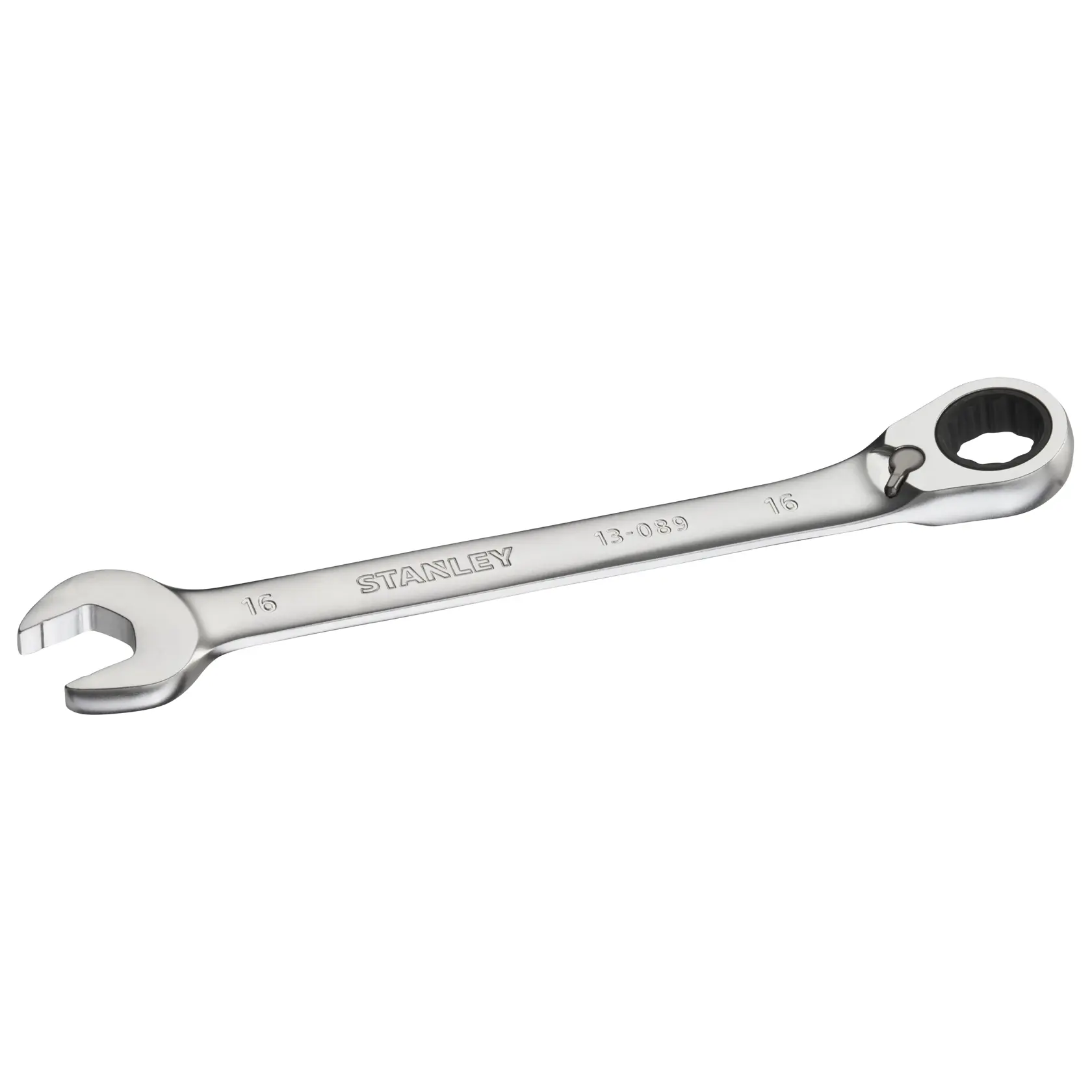 STANLEY FMMT13089-0 chrome combination ratcheting wrench, 16mm, product photography, angled view.