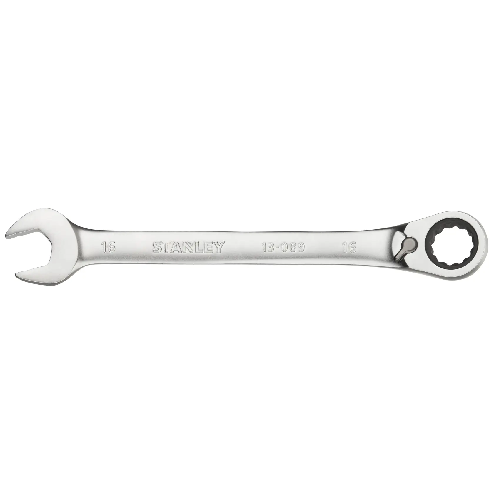 STANLEY FMMT13089-0 combination ratcheting wrench, silver, front angle, hand tool photography.