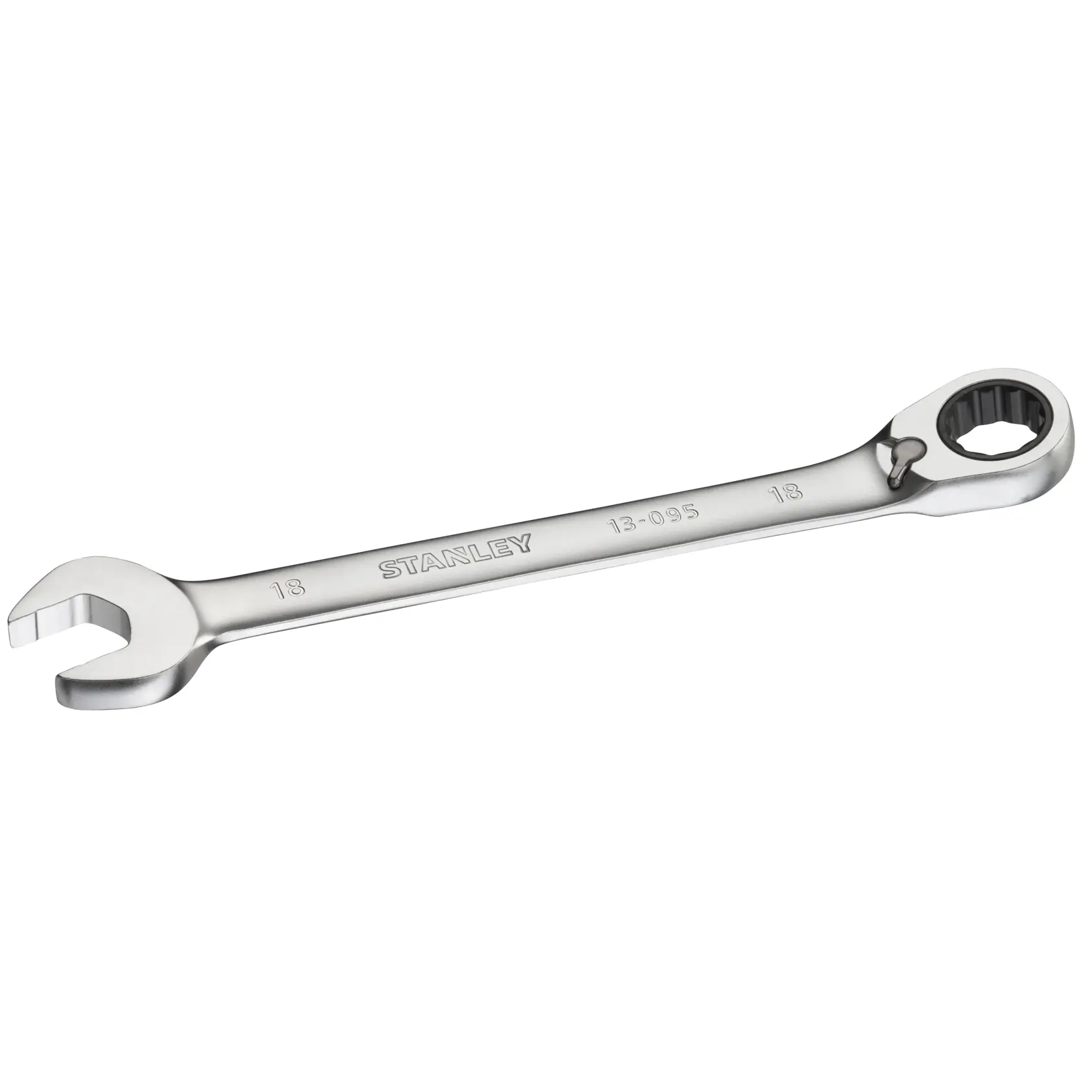 Photo of STANLEY FMMT13095-0 chrome ratcheting combination wrench on white background.