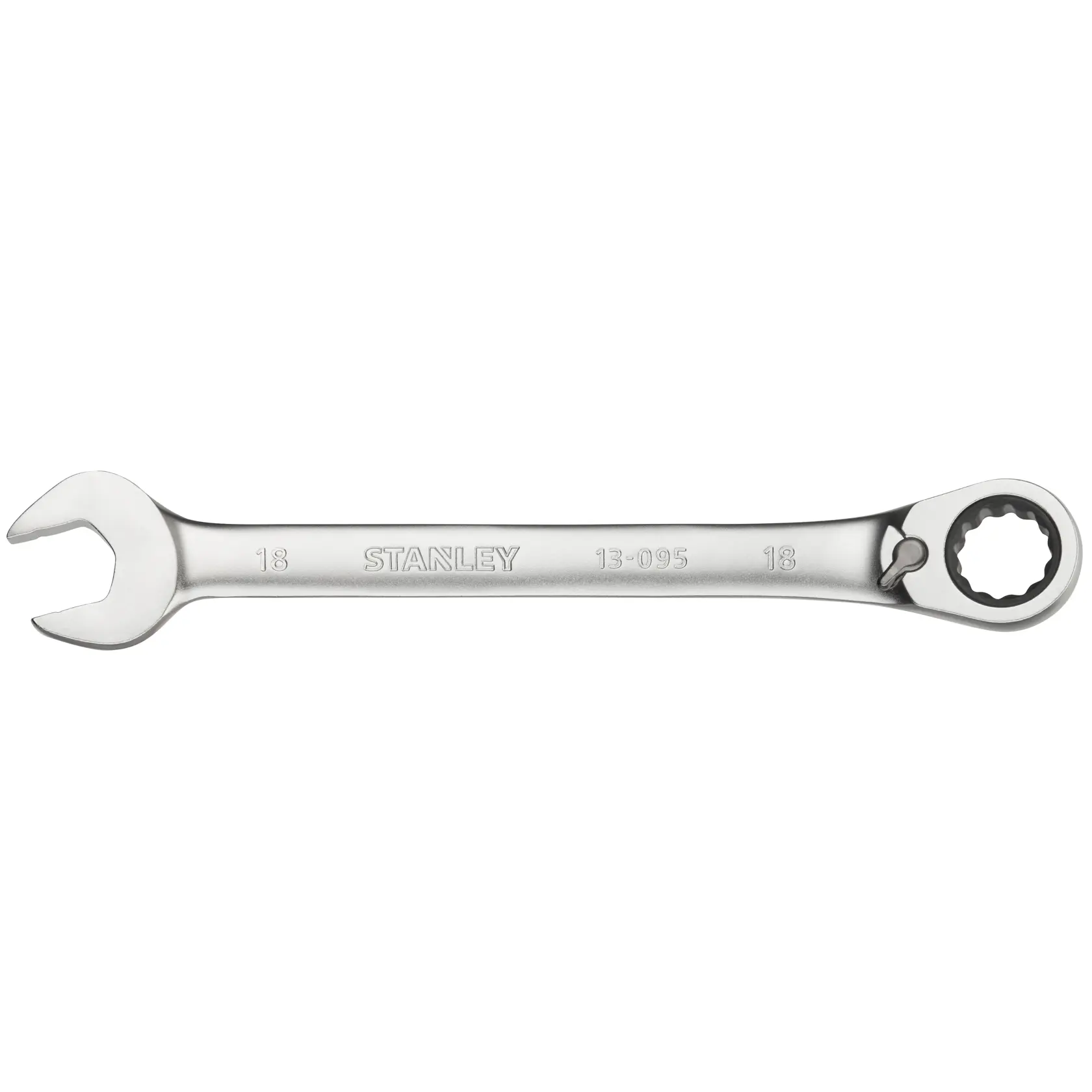 STANLEY FMMT13095-0 combination ratcheting wrench, silver, product side angle, tool category.