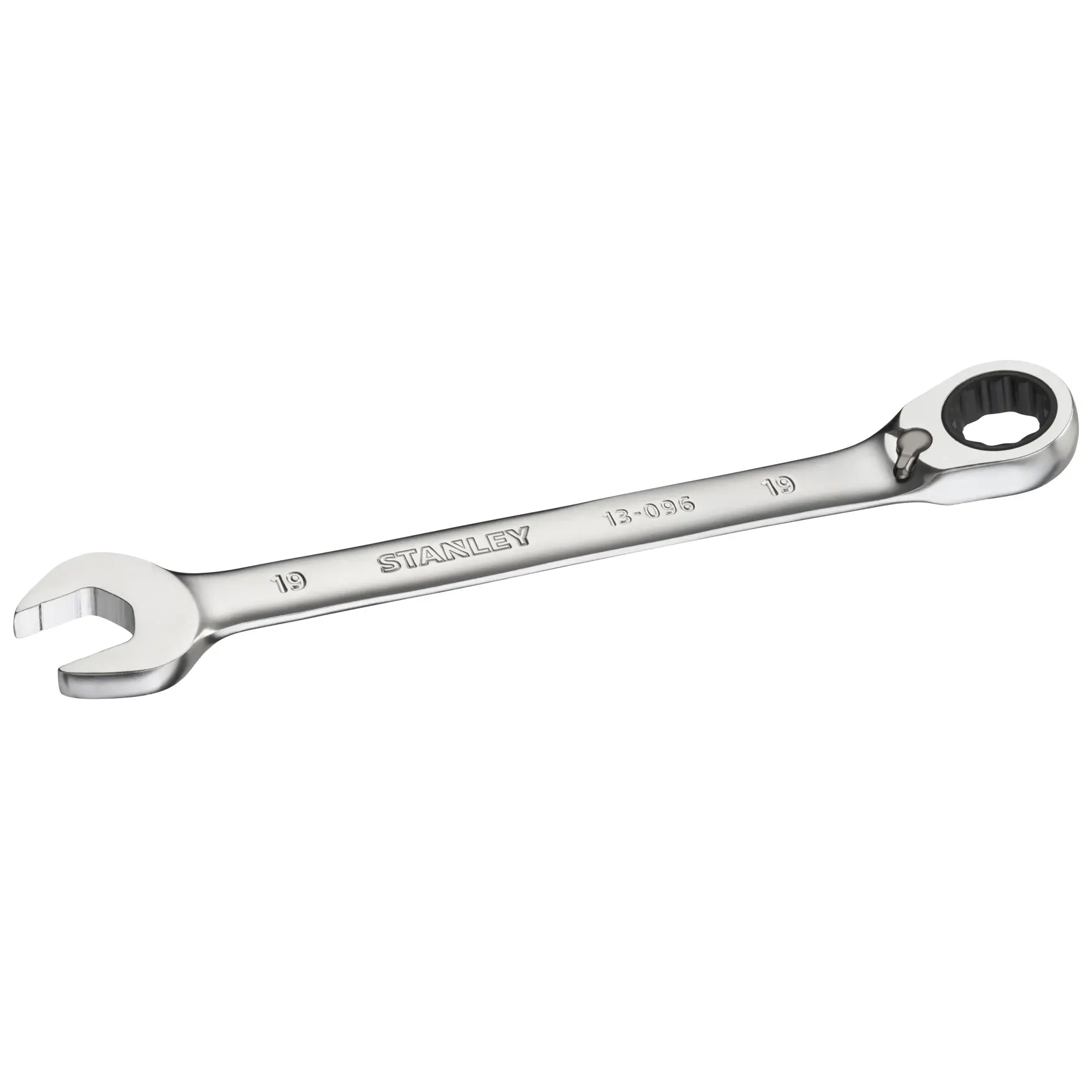 STANLEY FMMT13096-0 combination ratcheting wrench, silver, angled view on white background