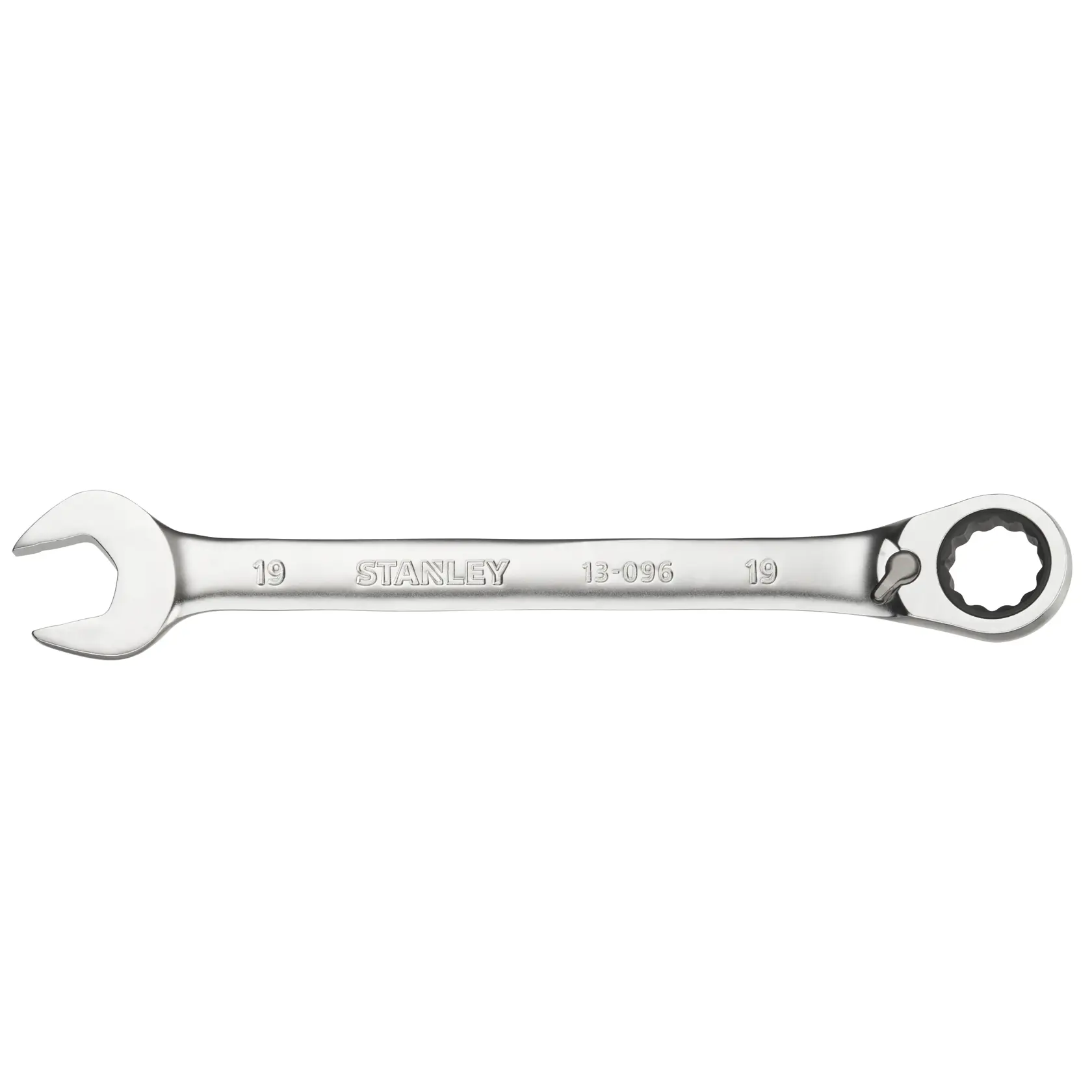STANLEY FMMT13096-0 combination ratcheting wrench, silver metal, open and box end, top view on white background.