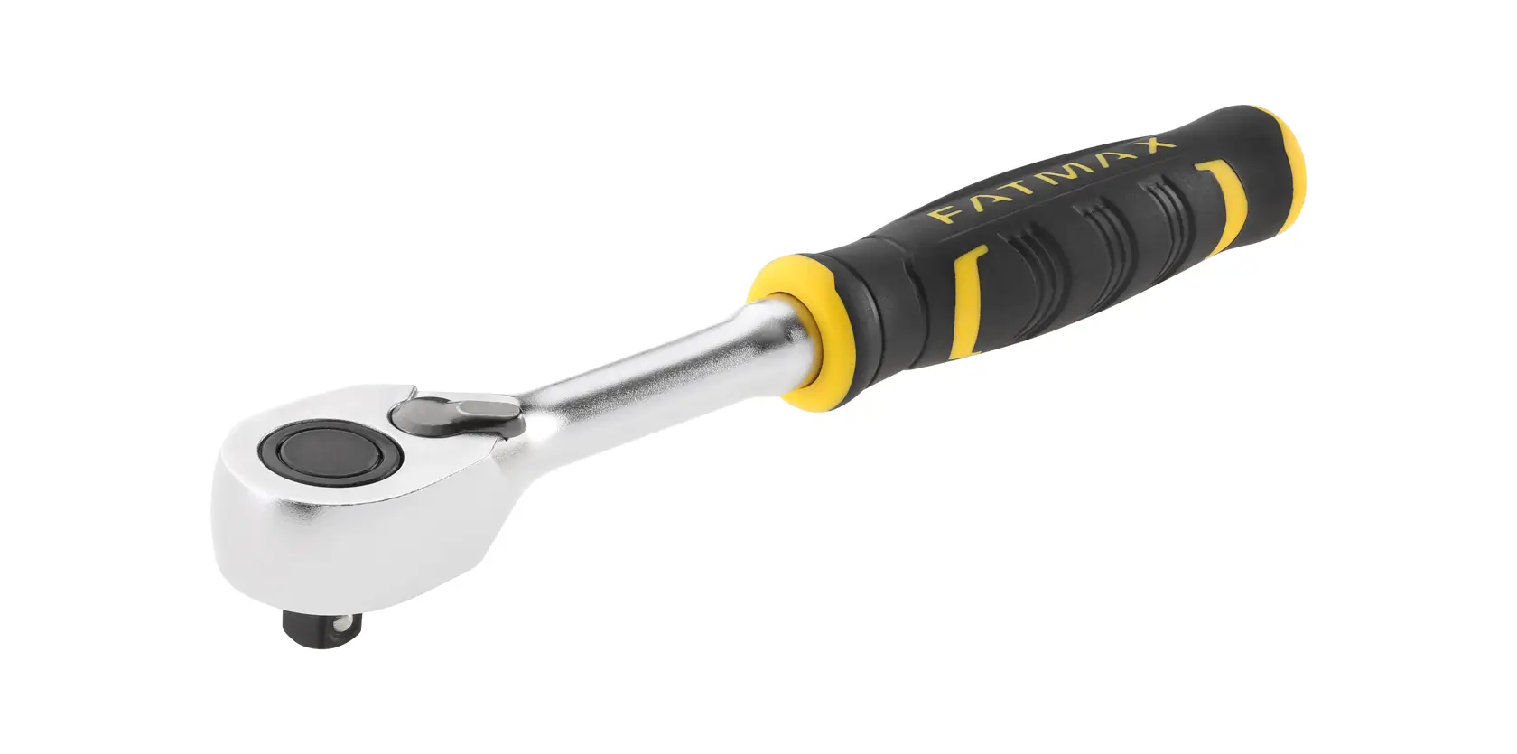 Photo of STANLEY FMMT82678-0 ratchet handle with black and yellow grip, side angle, on white background.