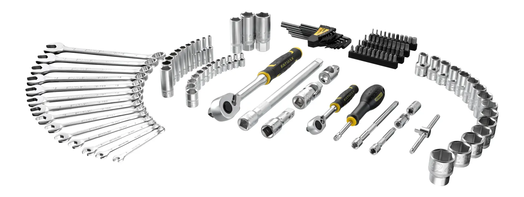 STANLEY FMMT98107-1 hand tool set with wrenches, sockets, ratchets, and screwdrivers, front angle.
