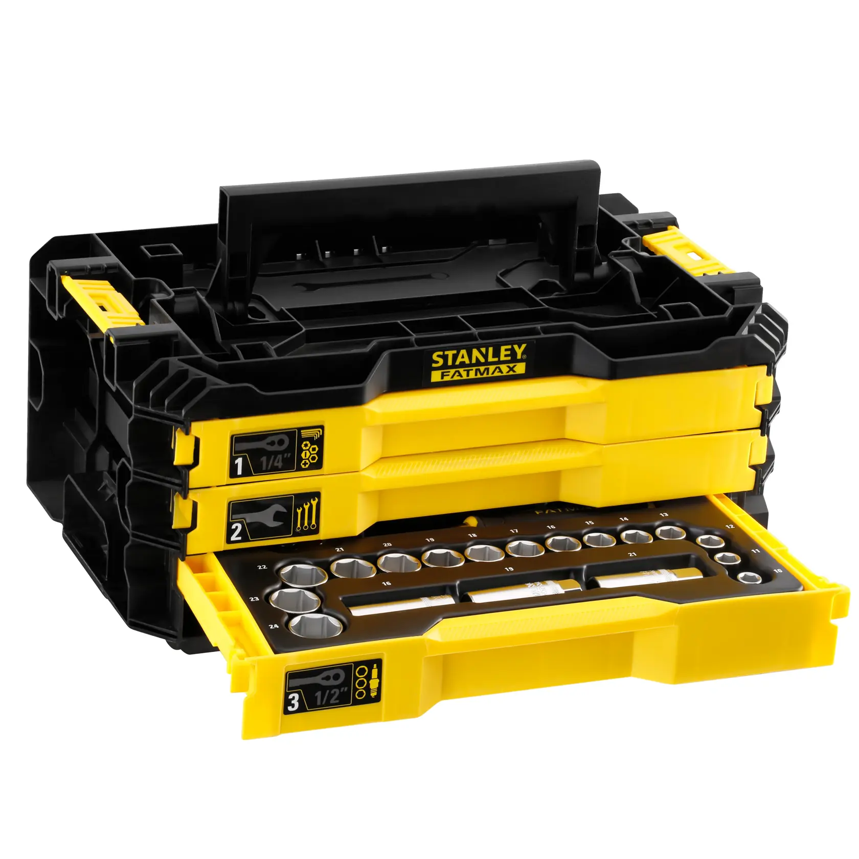 STANLEY FMMT98107-1 tool storage box with three yellow drawers, front angle, FATMAX branding visible