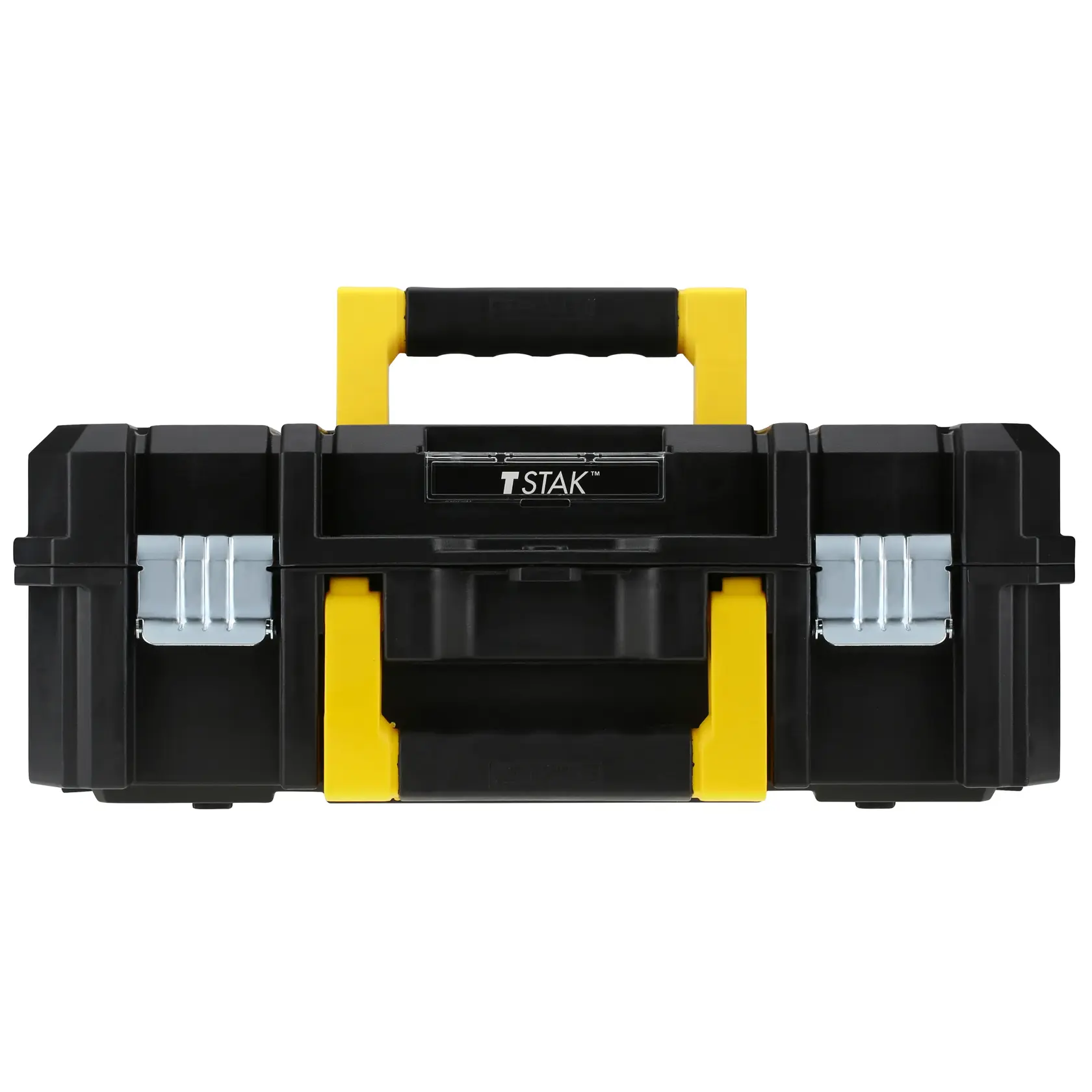 STANLEY FMST1-71966 black and yellow toolbox with front view, yellow handle and metal latches.