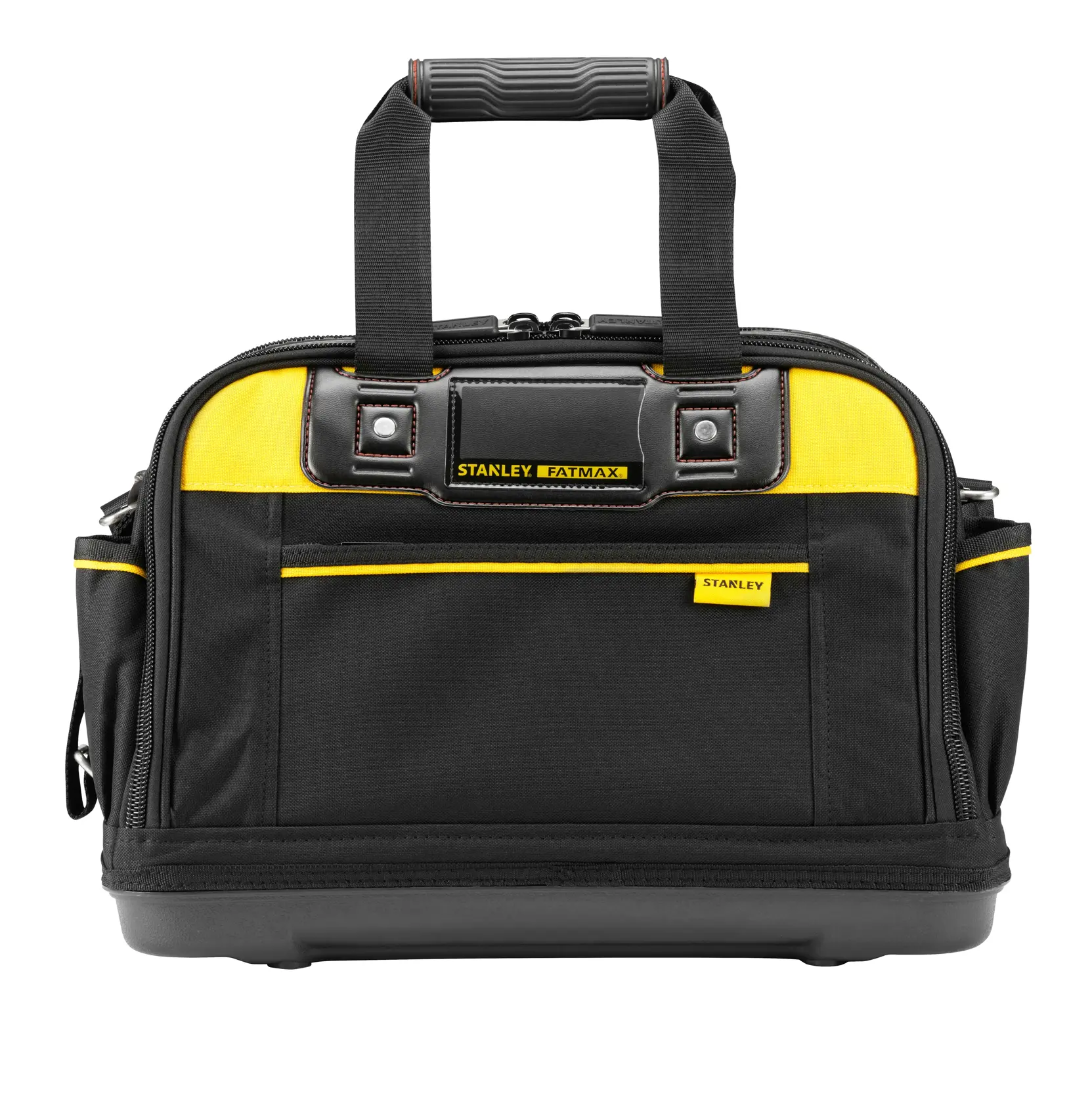 Stanley Fatmax black and yellow tool bag with handles and multiple pockets, designed for carrying tools.