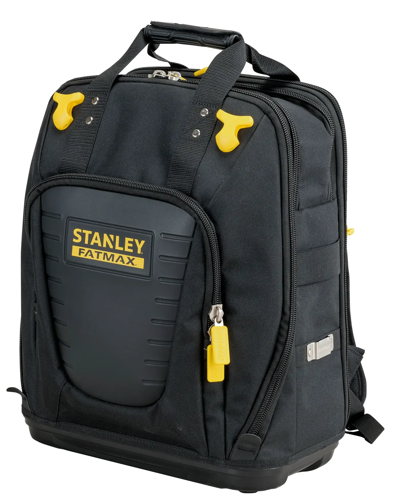 Photo of STANLEY FMST1-80144 tool backpack, black with yellow accents, hard front panel, front angle on white background.