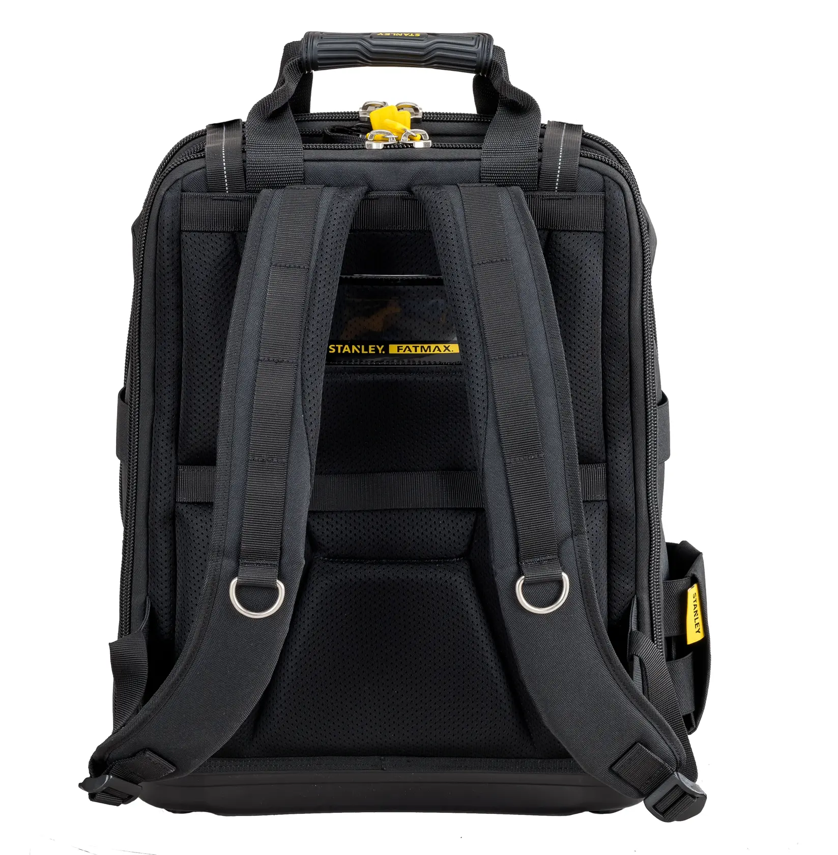 STANLEY FMST1-80144 black tool backpack, rear angle showing padded straps and handle.