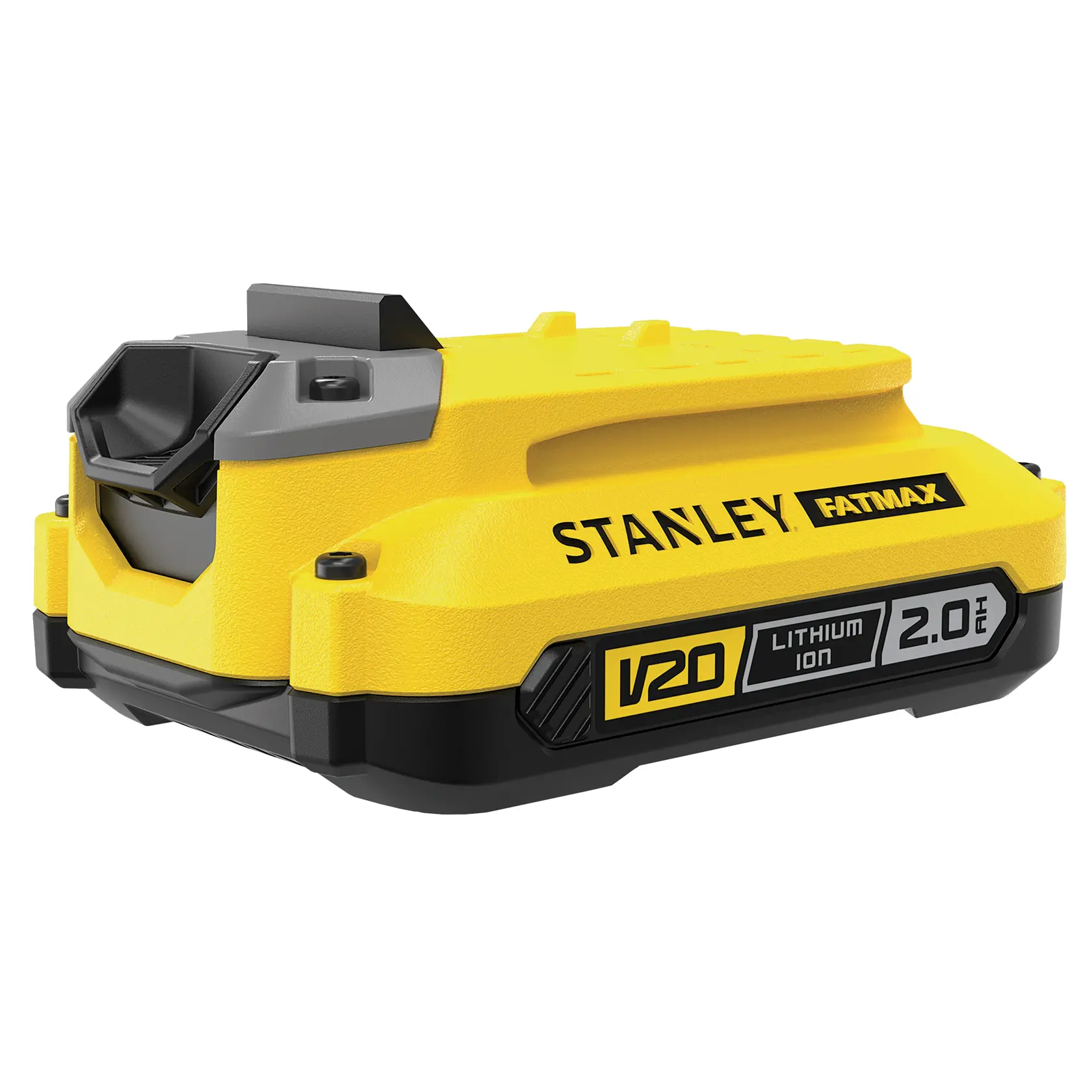 STANLEY FATMAX SB202 V20 2.0Ah lithium ion battery, yellow and black, front angled view on white background.