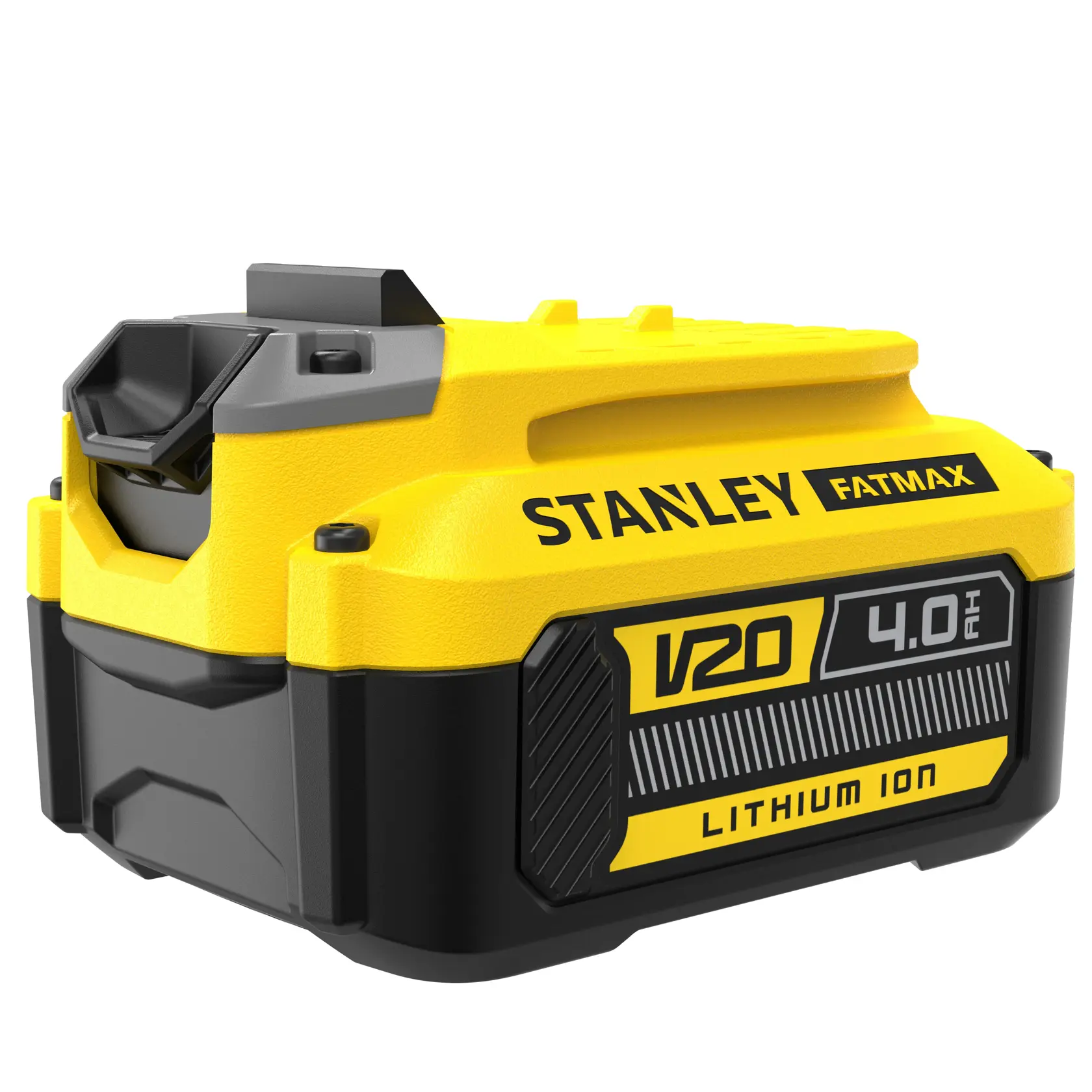 Photo of STANLEY V20 4.0Ah lithium ion battery, SKU SB204-KR, compact yellow and black battery pack, angled view.