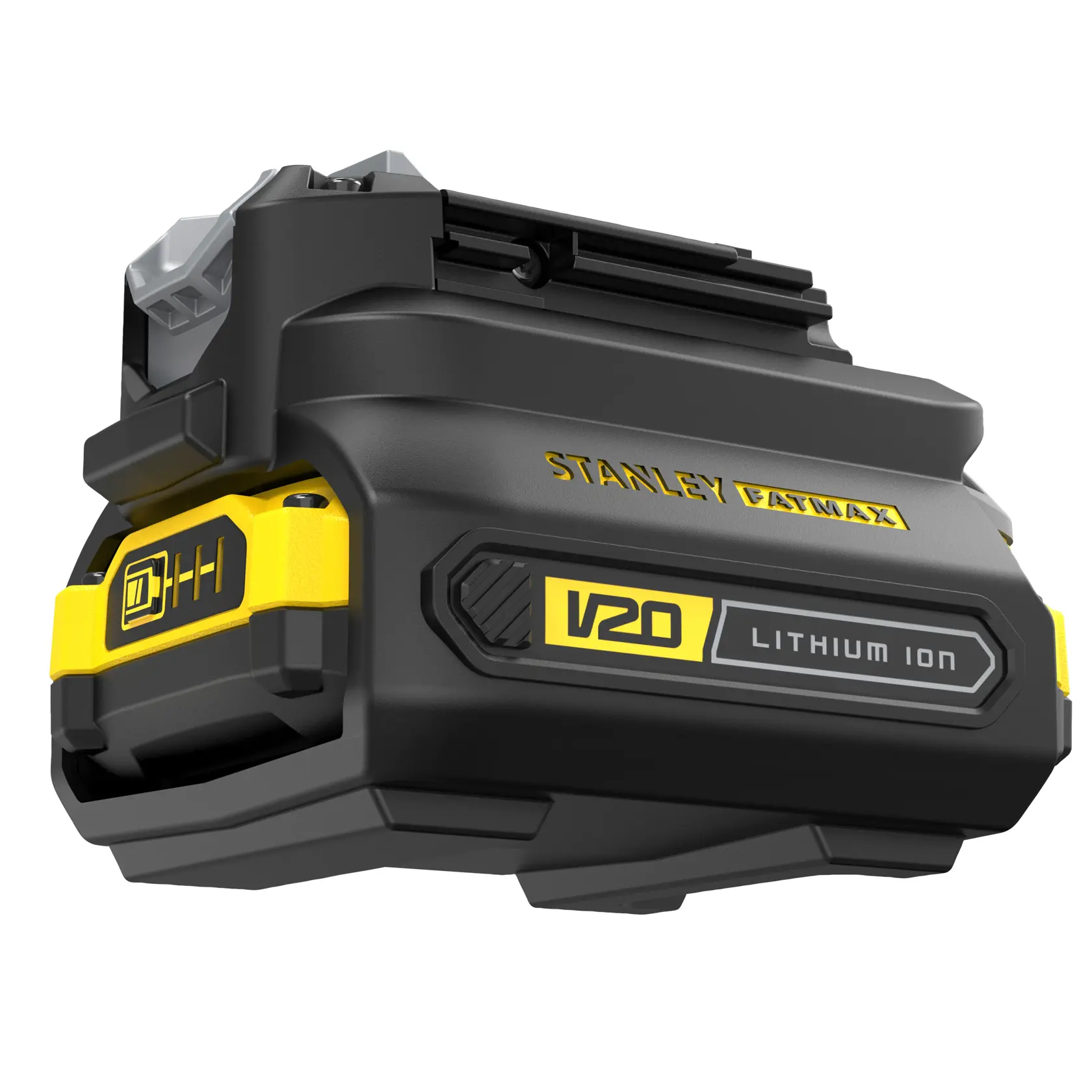 STANLEY SBA100 V20 Lithium Ion battery, black and yellow, side angle on white background.