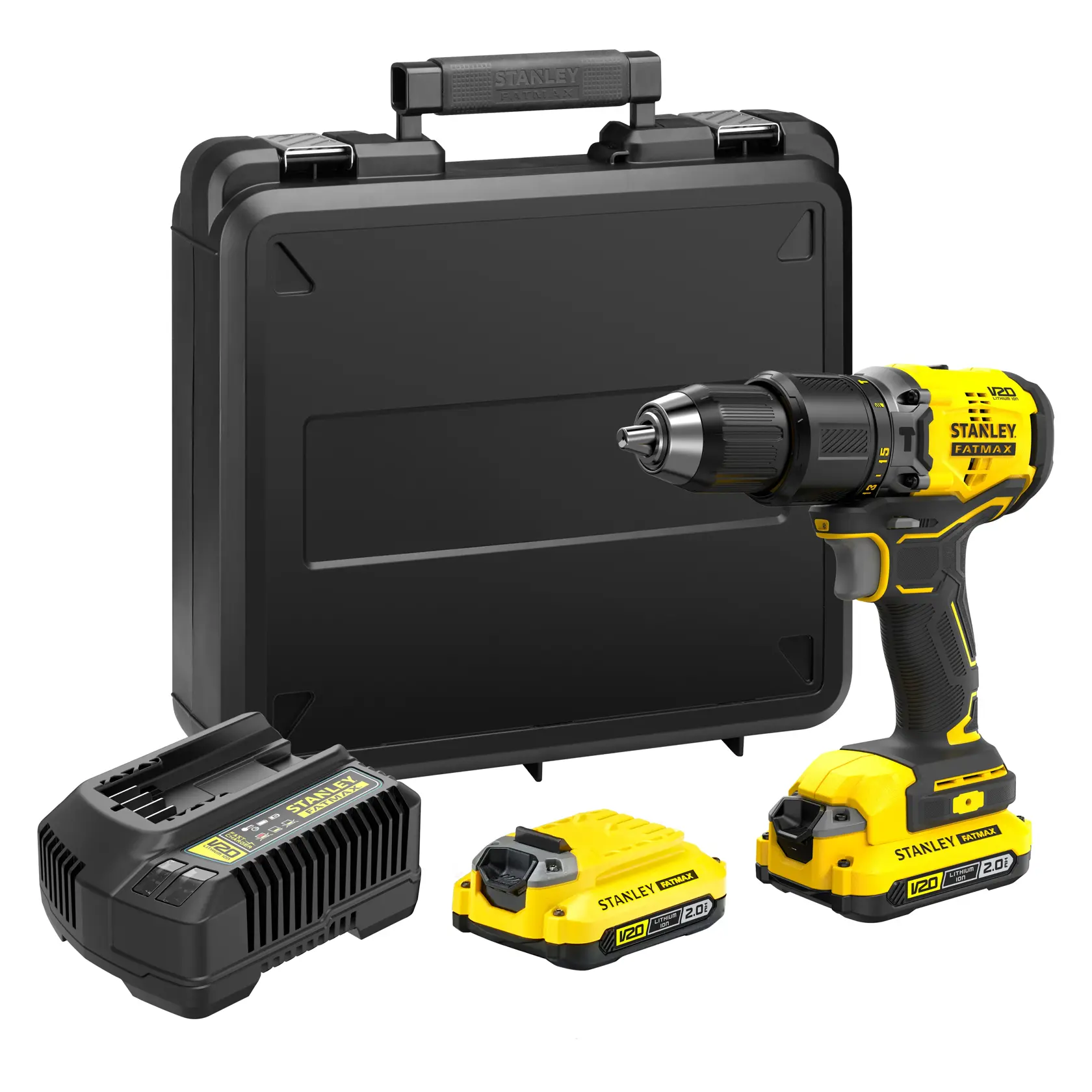 STANLEY SBD715D2K-B2 cordless drill kit with yellow drill, two batteries, charger, and black carrying case, front angle.