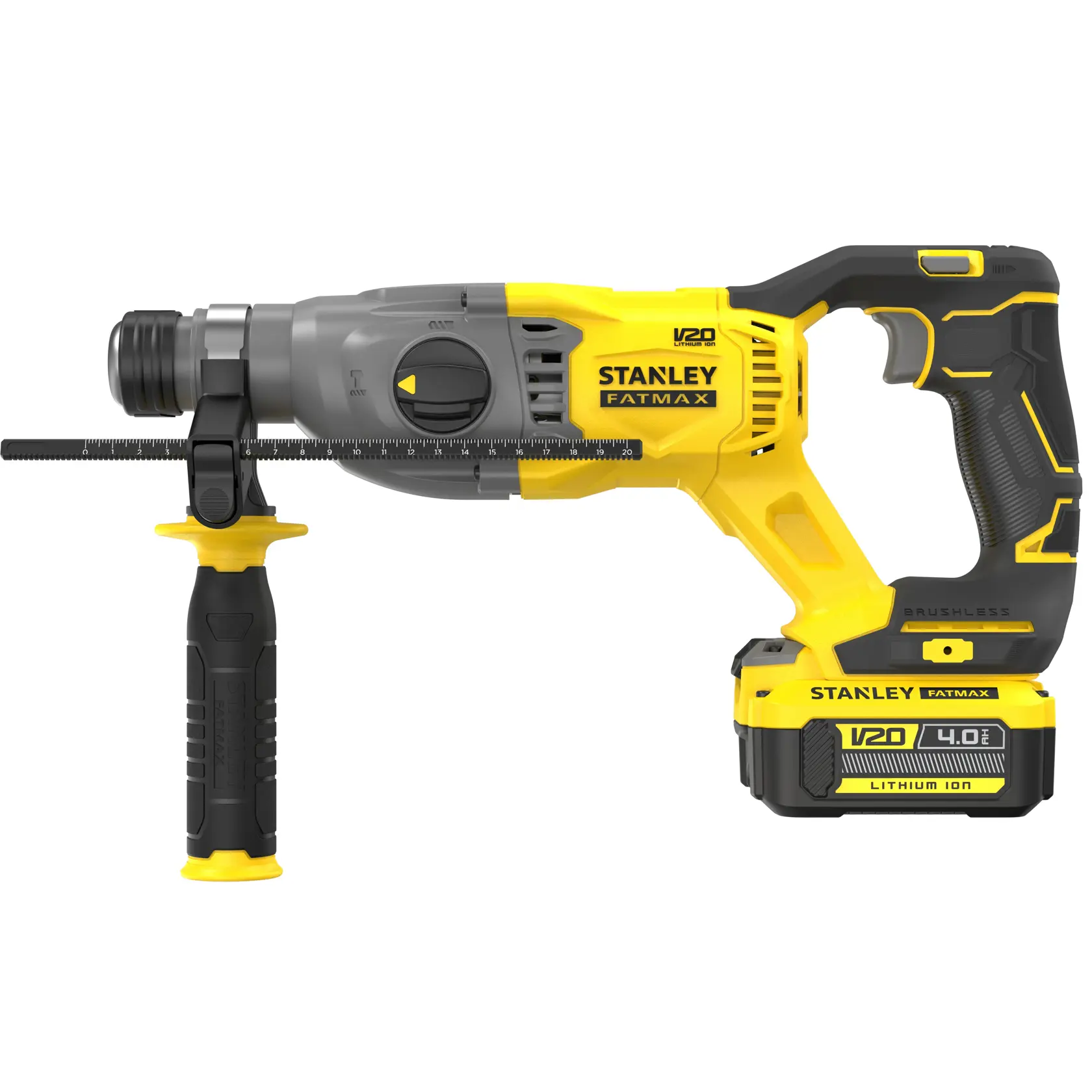 STANLEY SBH900M2K-B3 cordless rotary hammer drill, yellow and black, side view on white background.