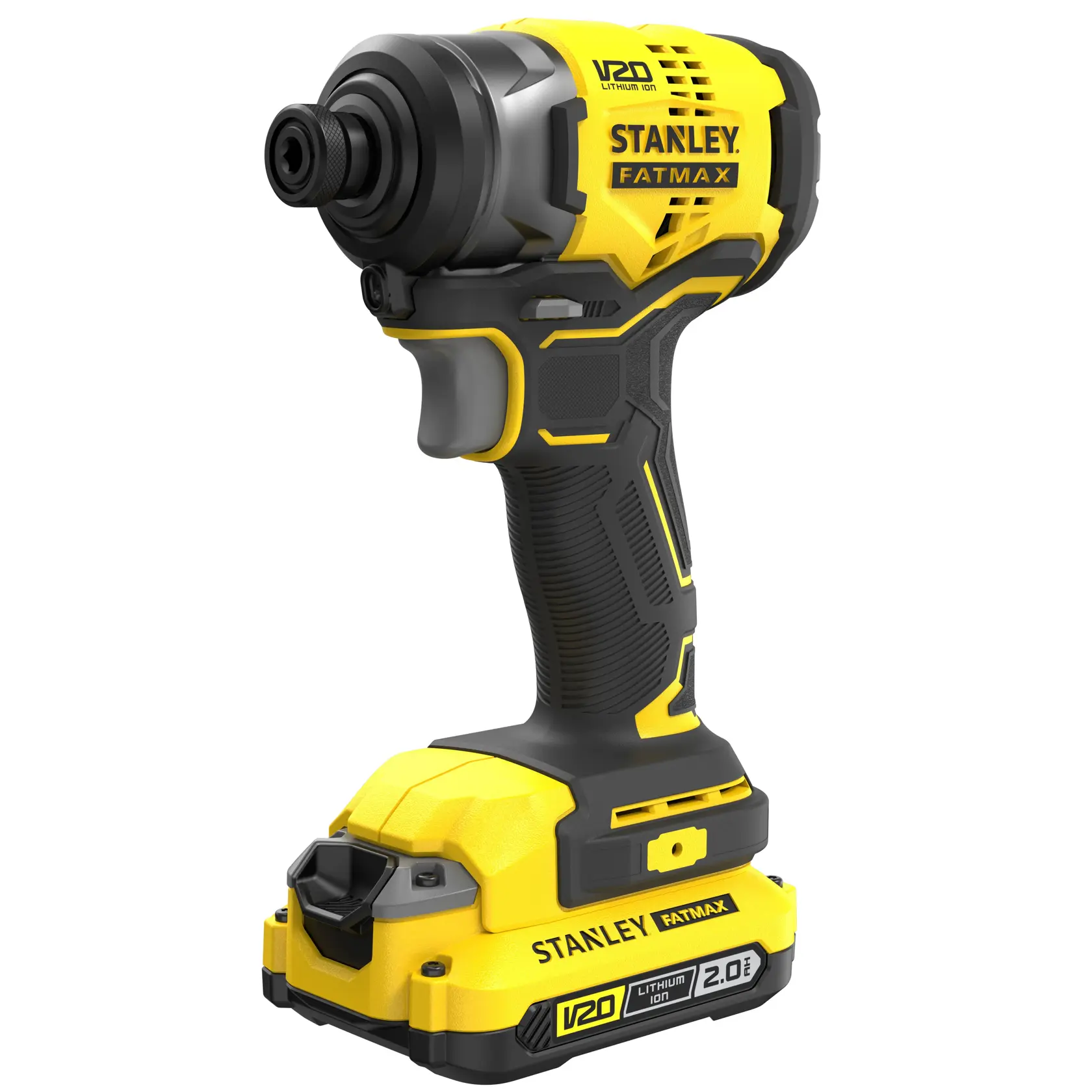 STANLEY SBI810D2K-B3 cordless impact driver, yellow and black, front left angle on white background.
