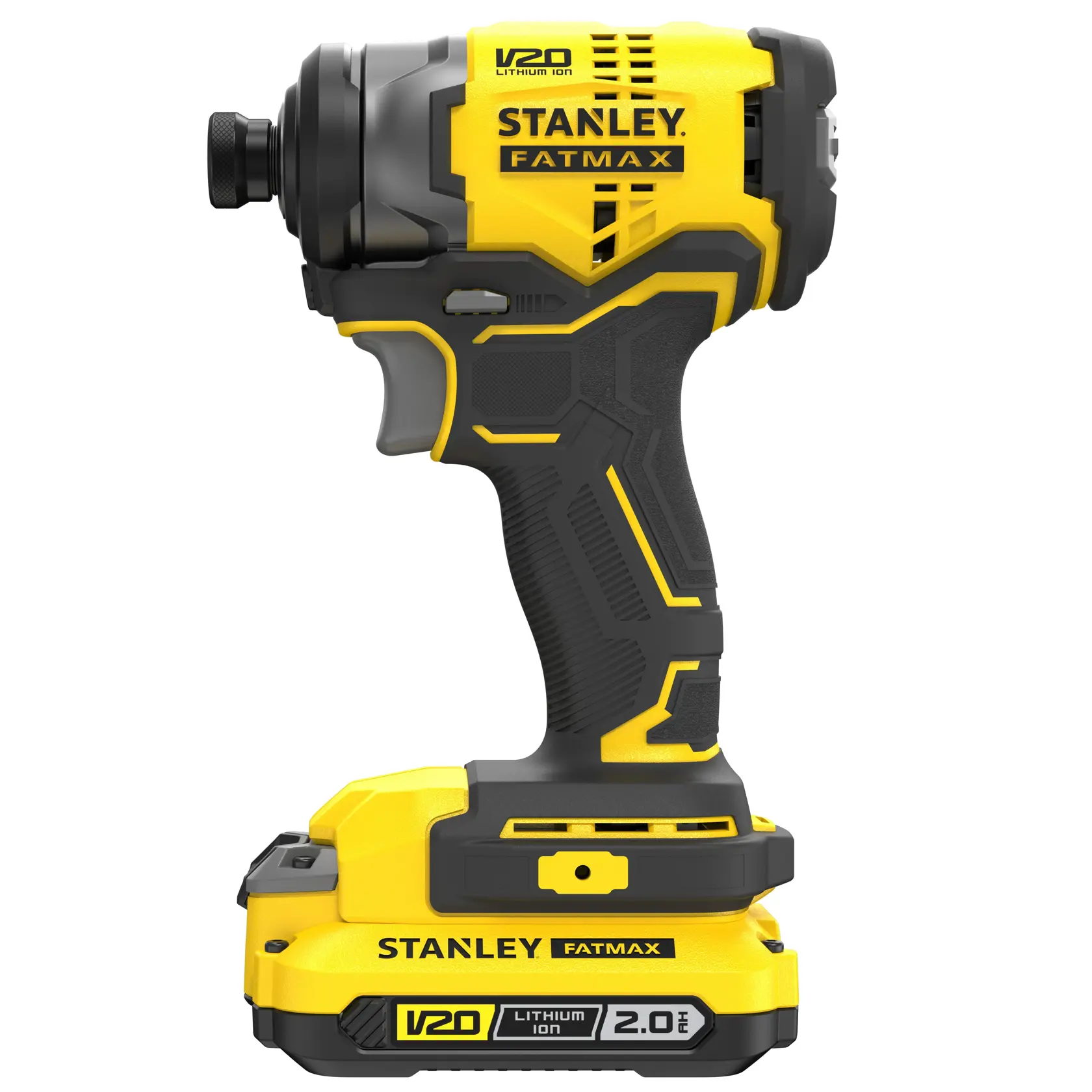 STANLEY SBI810D2K-B3 cordless impact driver, yellow and black, side view on white background.