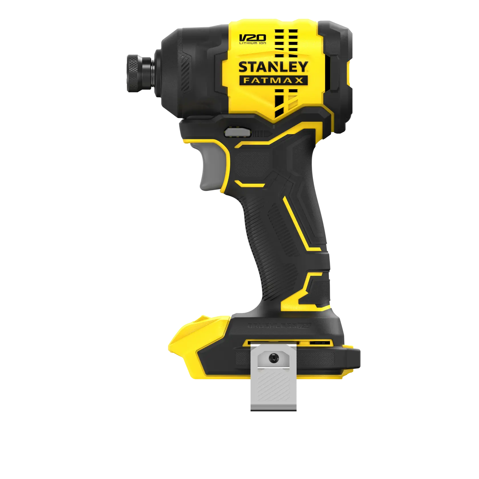 Photo of STANLEY SBI811B-B3 cordless impact driver, yellow and black, side view on white background.