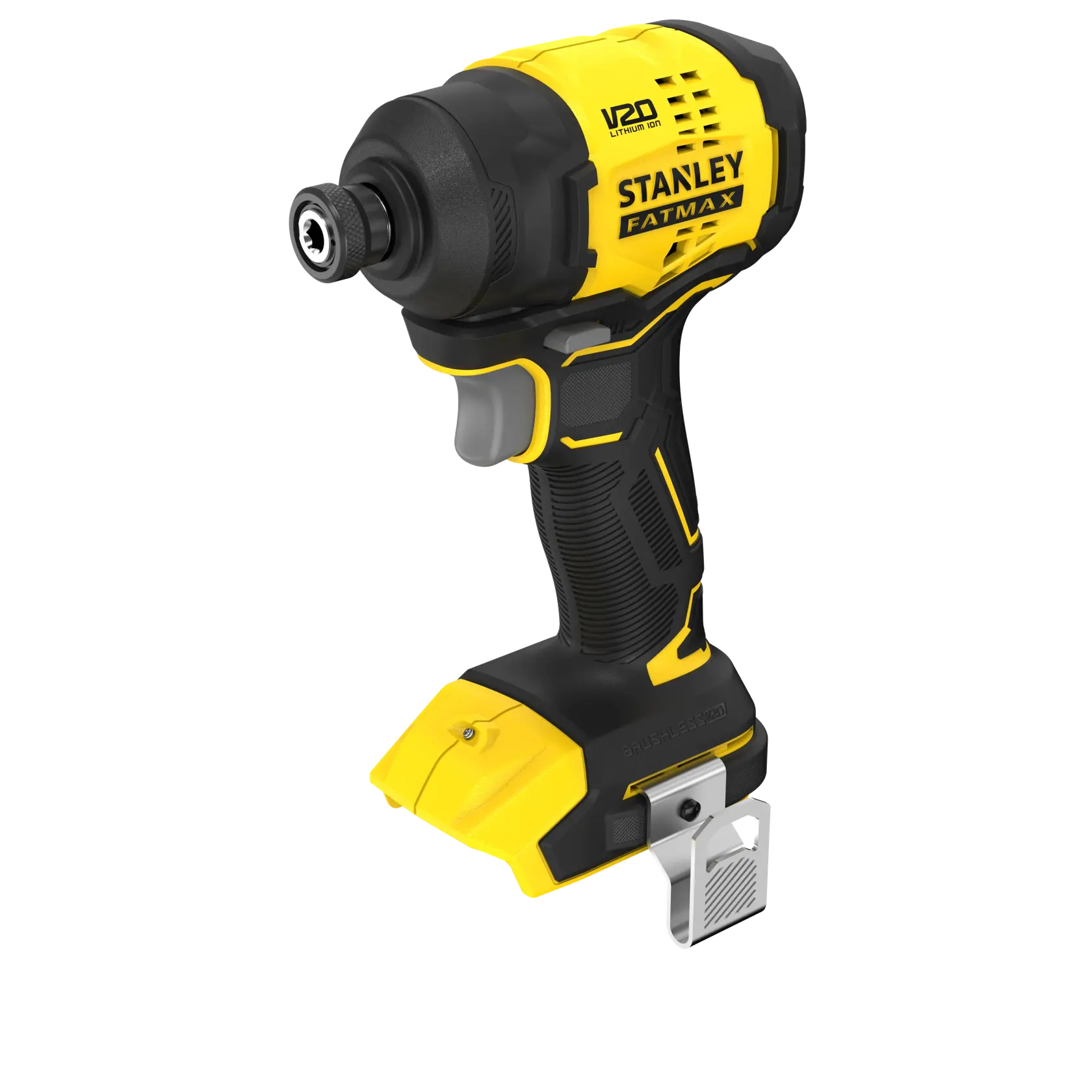STANLEY SBI811B-B3 cordless impact driver, yellow and black, side angle, brushless, without battery, V20 FATMAX.