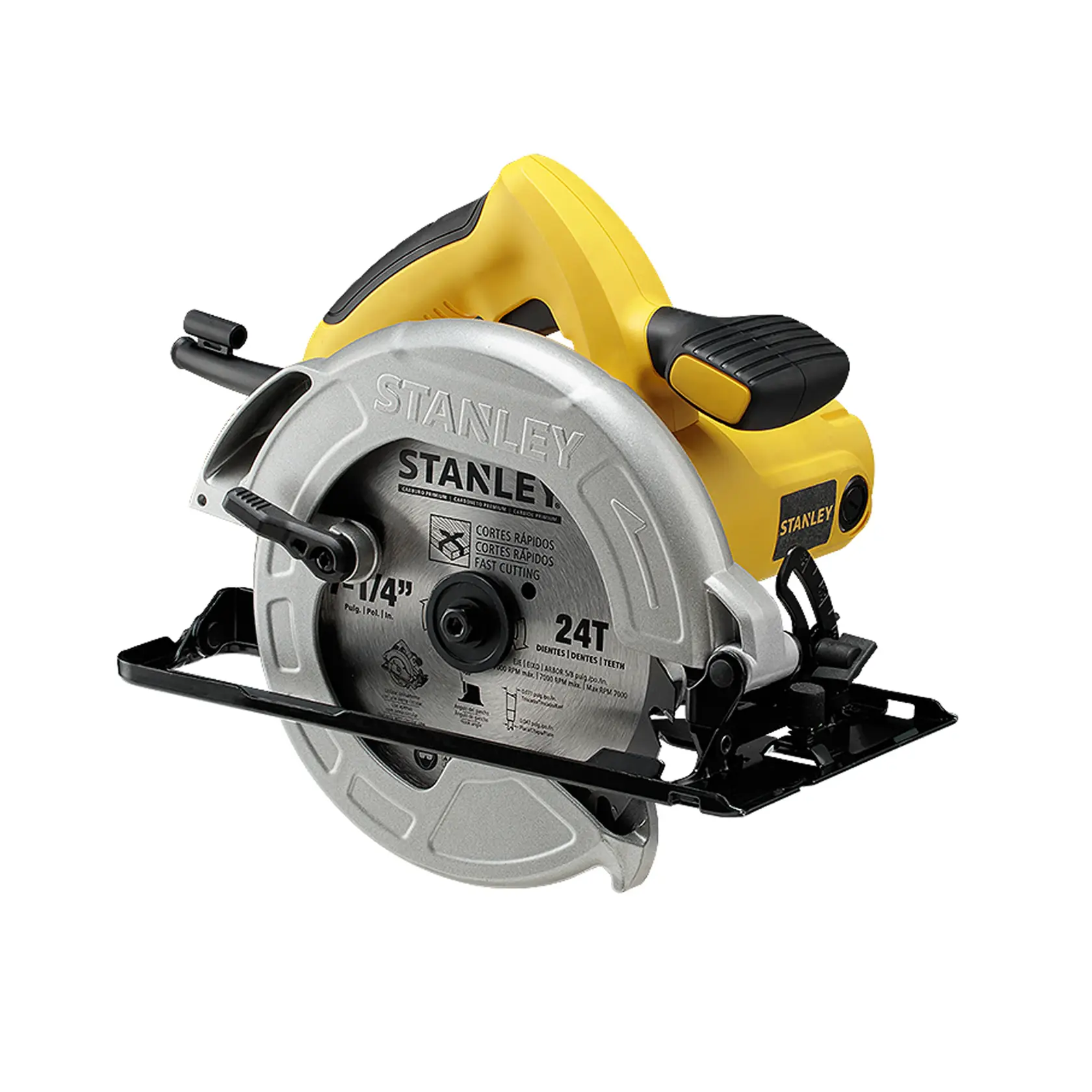 STANLEY SC16 circular saw with yellow and black handle, side view on white background.