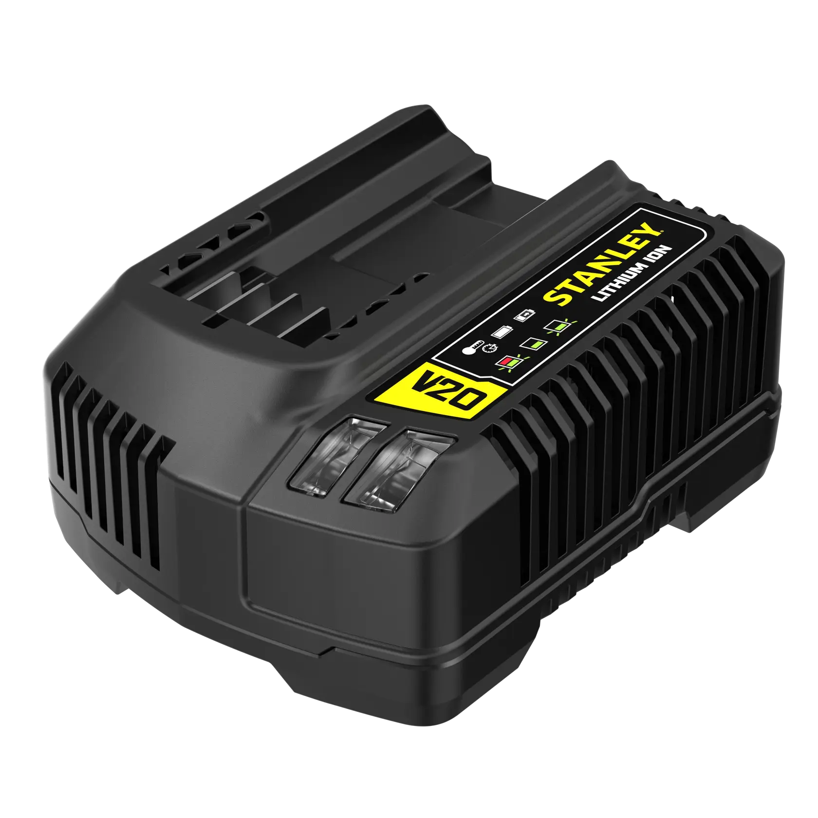 STANLEY SC200 battery charger, black, V20 Lithium Ion, photography, product angled on white background.