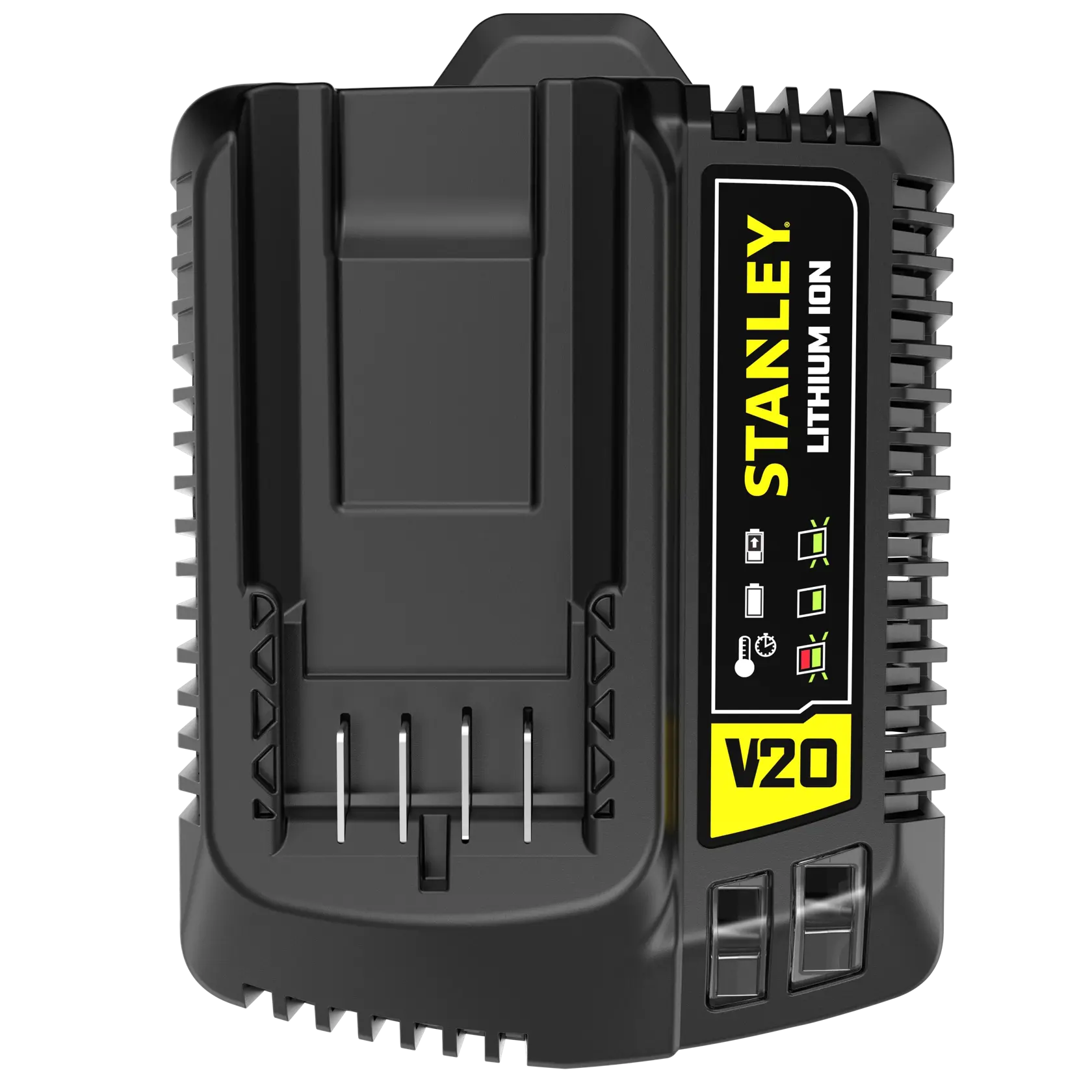 STANLEY SC200 battery charger, V20 series, black with yellow branding, front angle on white background.
