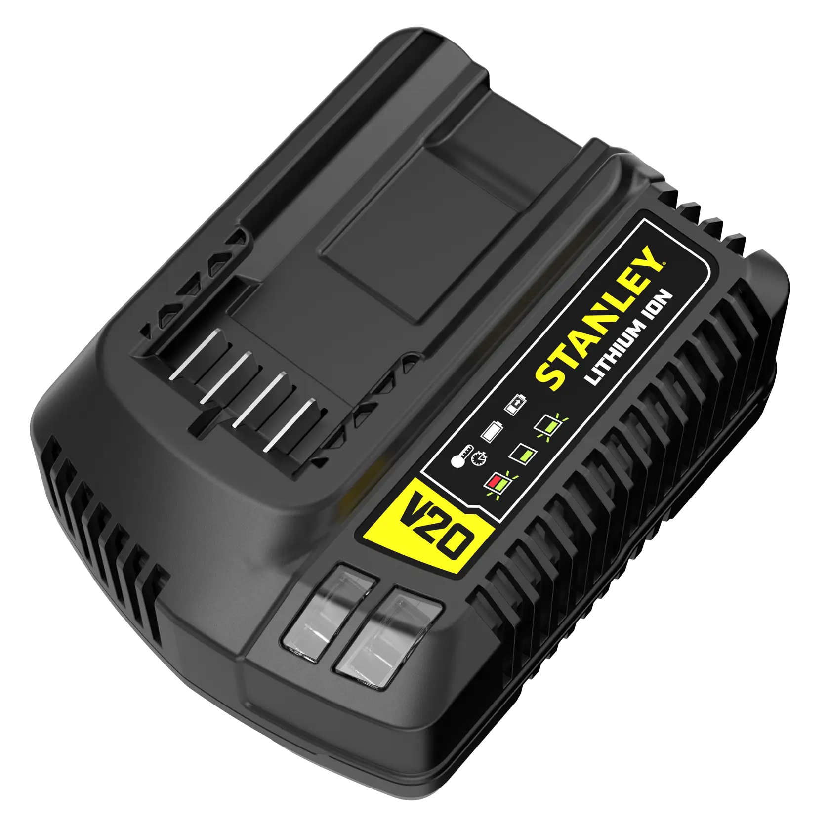STANLEY SC200 battery charger, black, angled front view, showing FATMAX branding label and metal contacts.