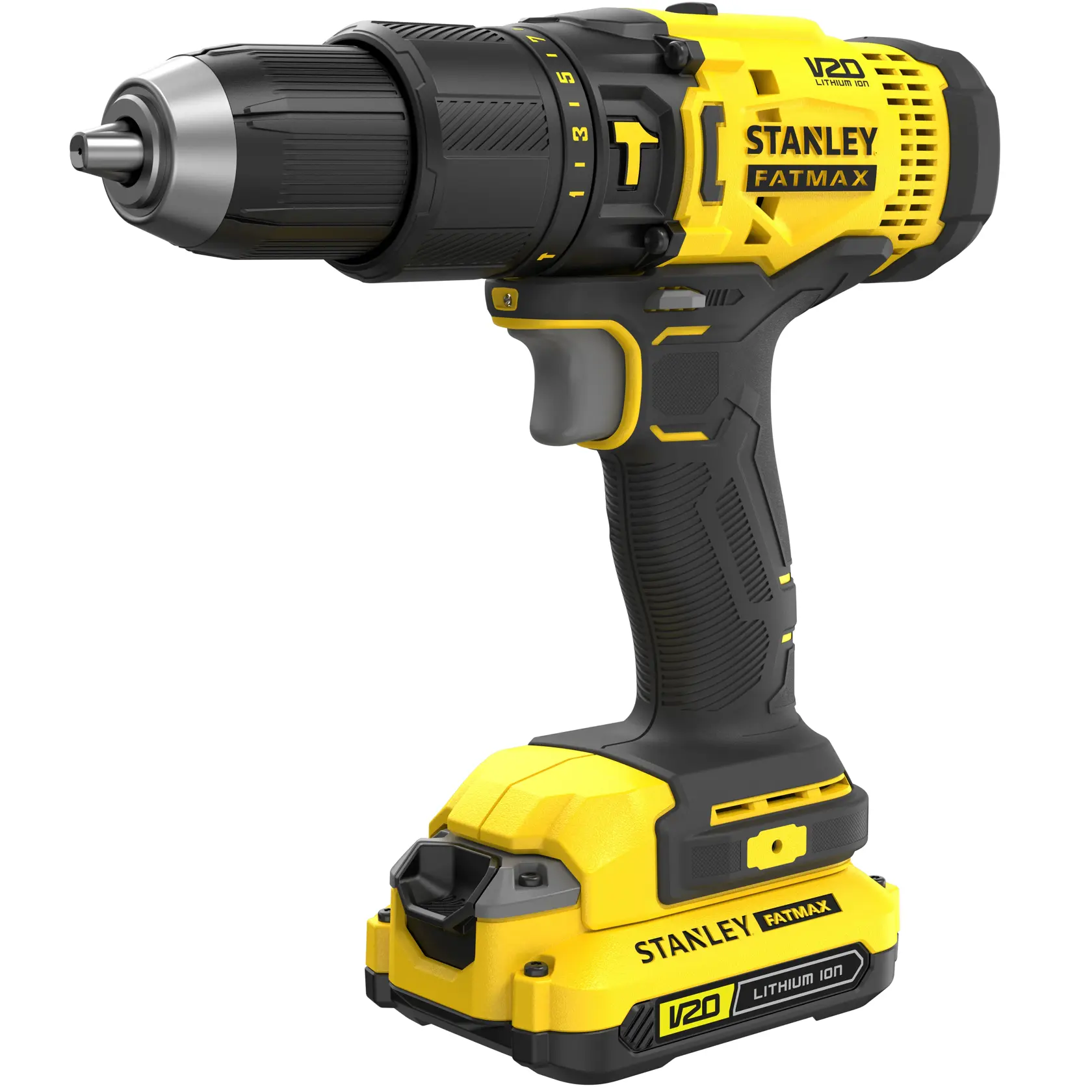 STANLEY SCD711D2KA cordless drill driver, yellow and black, side angle on white background.