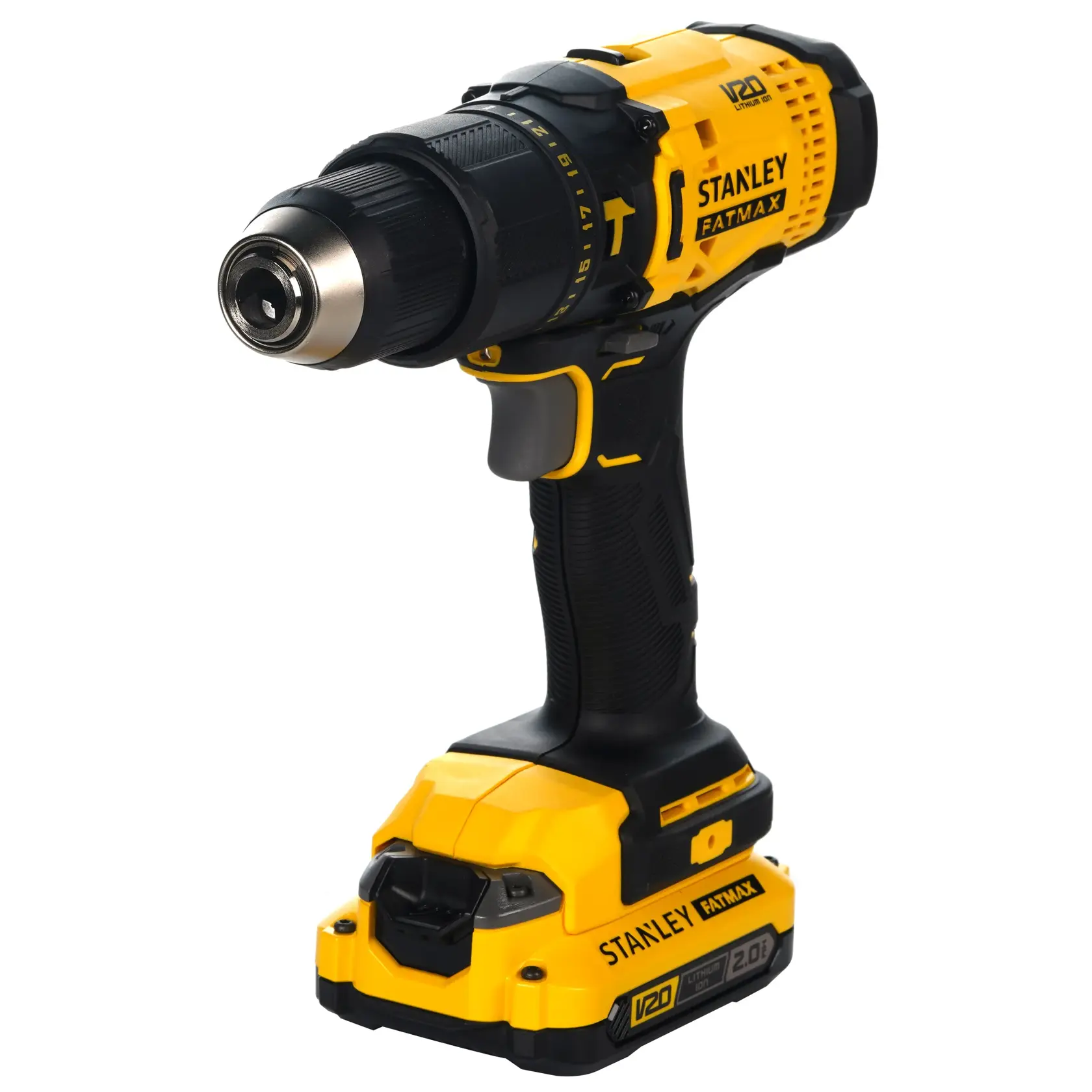 STANLEY SCD711D2K cordless drill in yellow and black, angled view on white background.