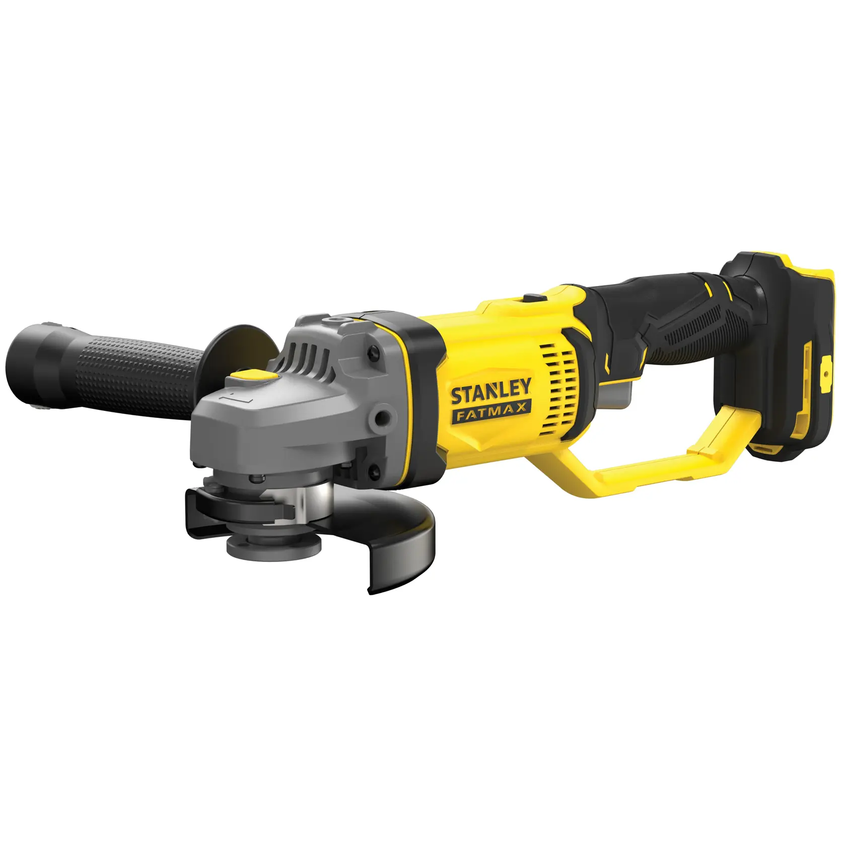 STANLEY SCG400 yellow and black cordless angle grinder, side view on white background.